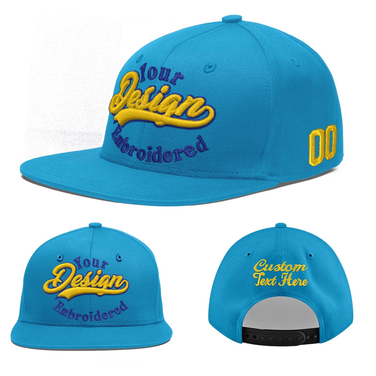 Custom Light Blue 3D Puff Embroidery Flat Embroidery Casual Sport Baseball Cap