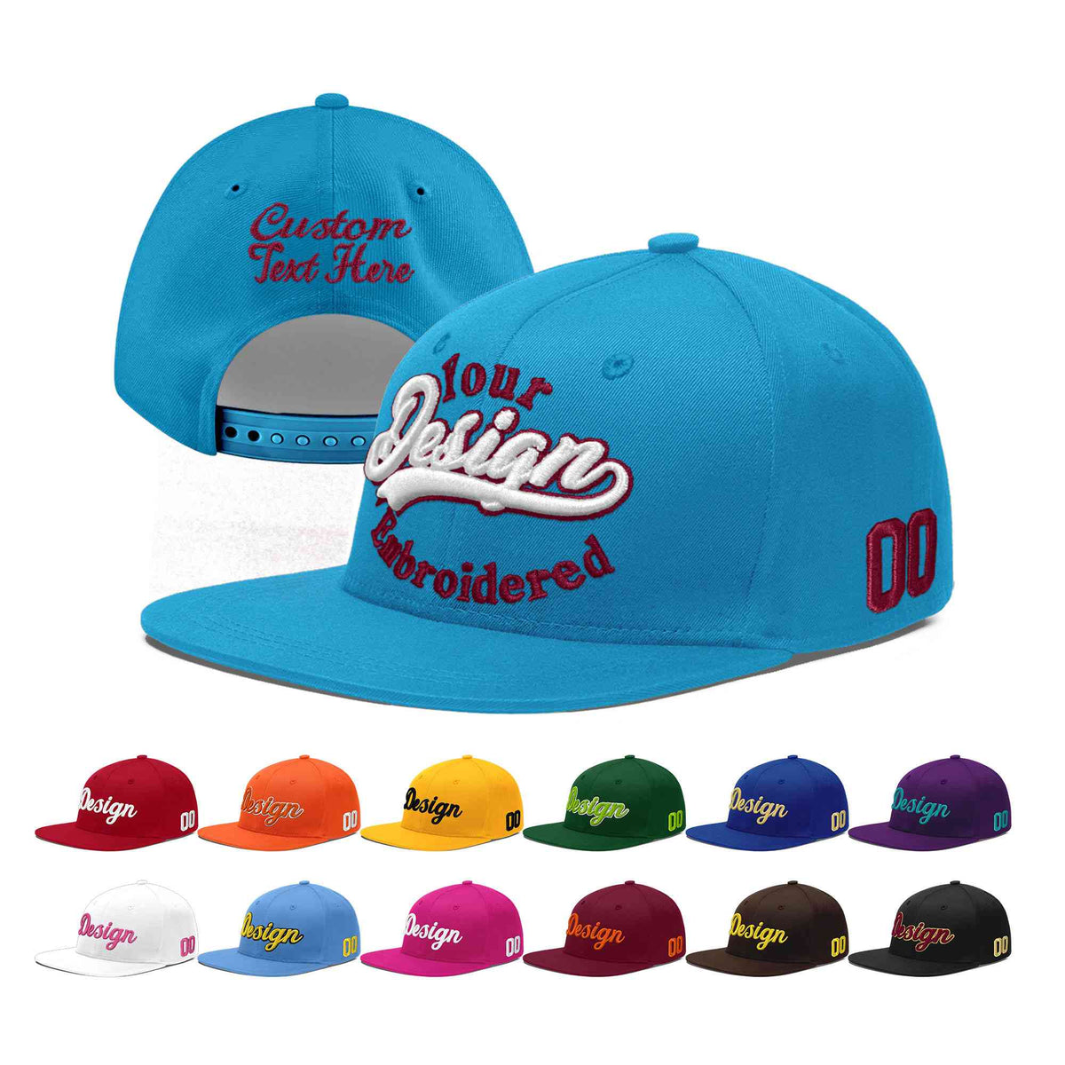 Custom Light Blue 3D Puff Embroidery Flat Embroidery Casual Sport Baseball Cap