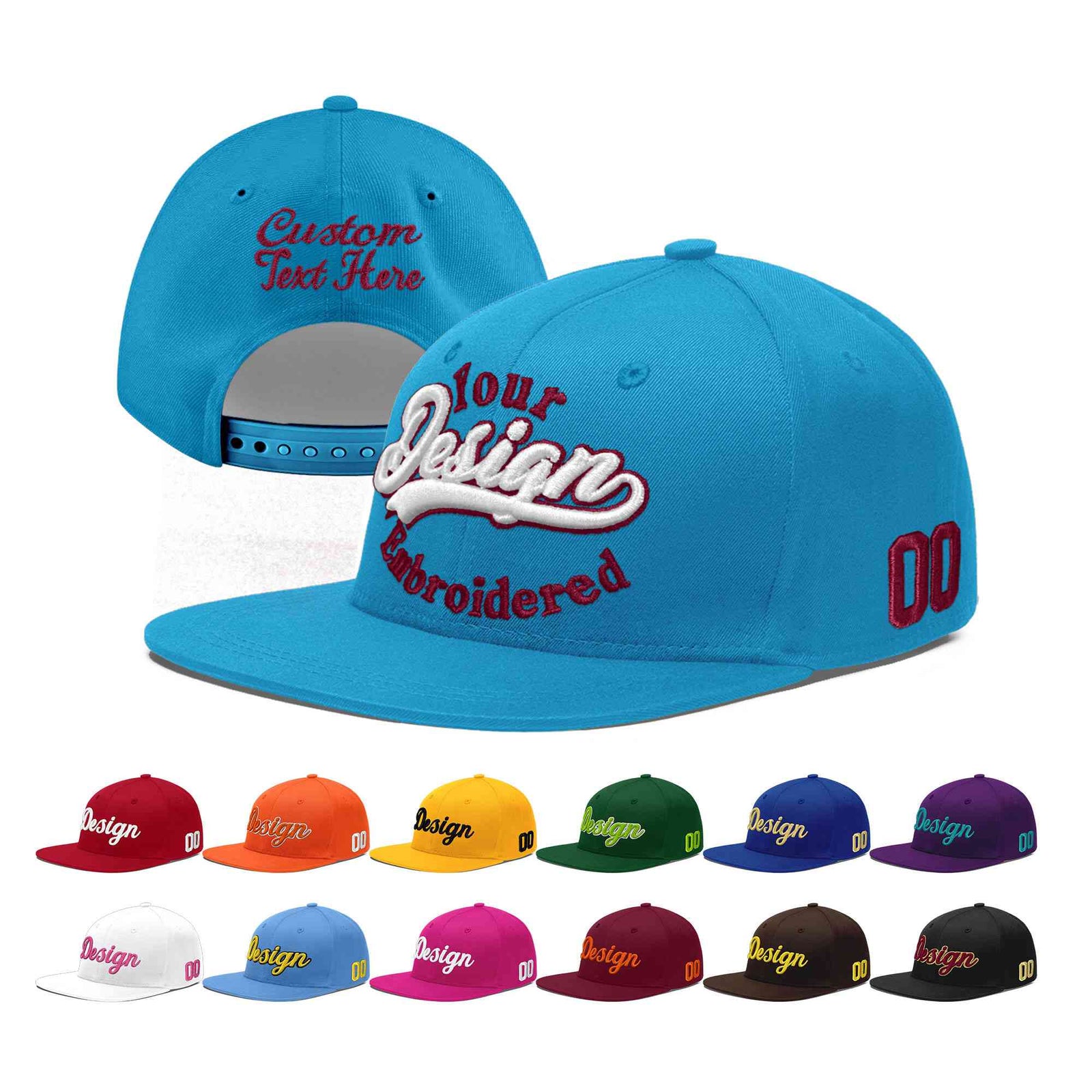 Custom Light Blue 3D Puff Embroidery Flat Embroidery Casual Sport Baseball Cap