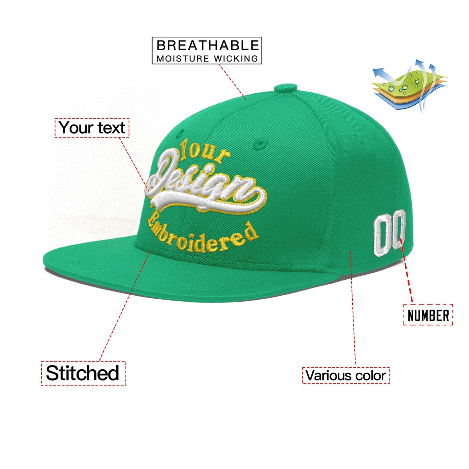 Custom Aqua 3D Puff Embroidery Flat Embroidery Casual Sport Baseball Cap
