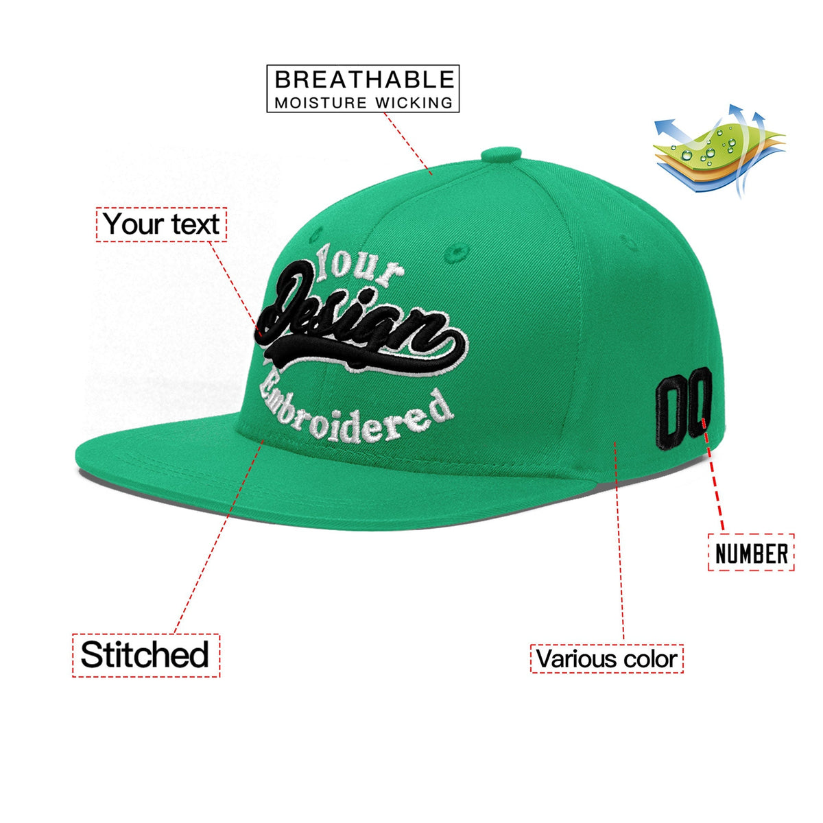 Custom Aqua 3D Puff Embroidery Flat Embroidery Casual Sport Baseball Cap