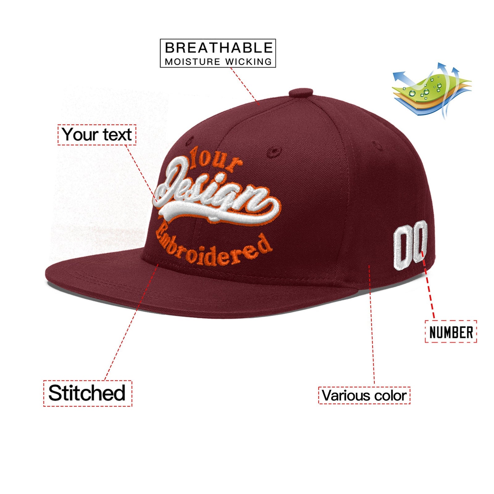 Custom Maroon 3D Puff Embroidery Flat Embroidery Casual Sport Baseball Cap