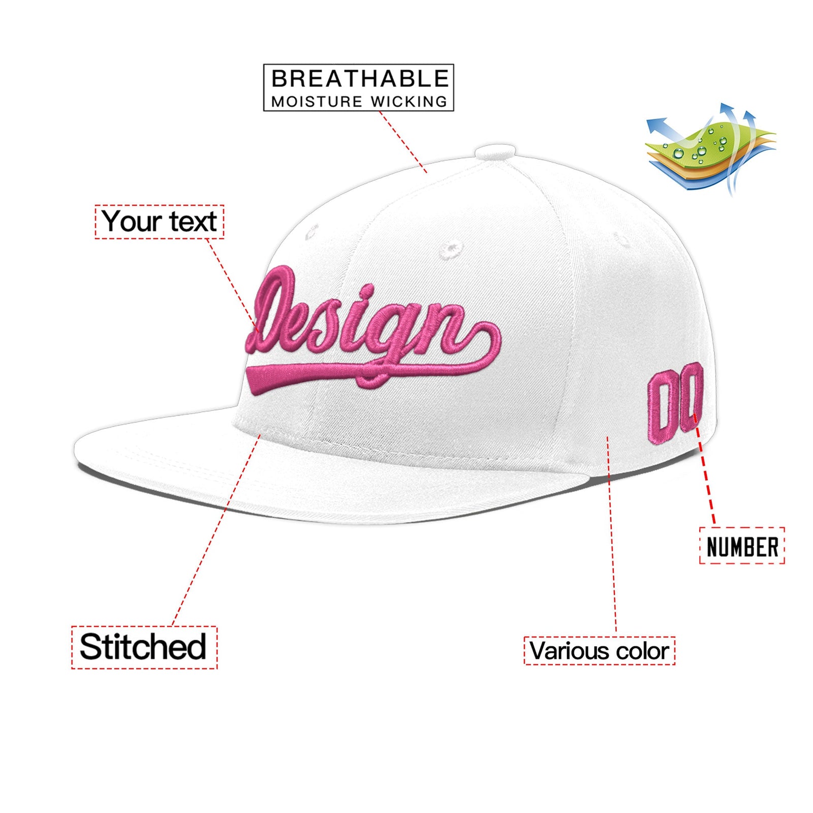 Custom White 3D Puff Embroidery Flat Embroidery Casual Sport Baseball Cap