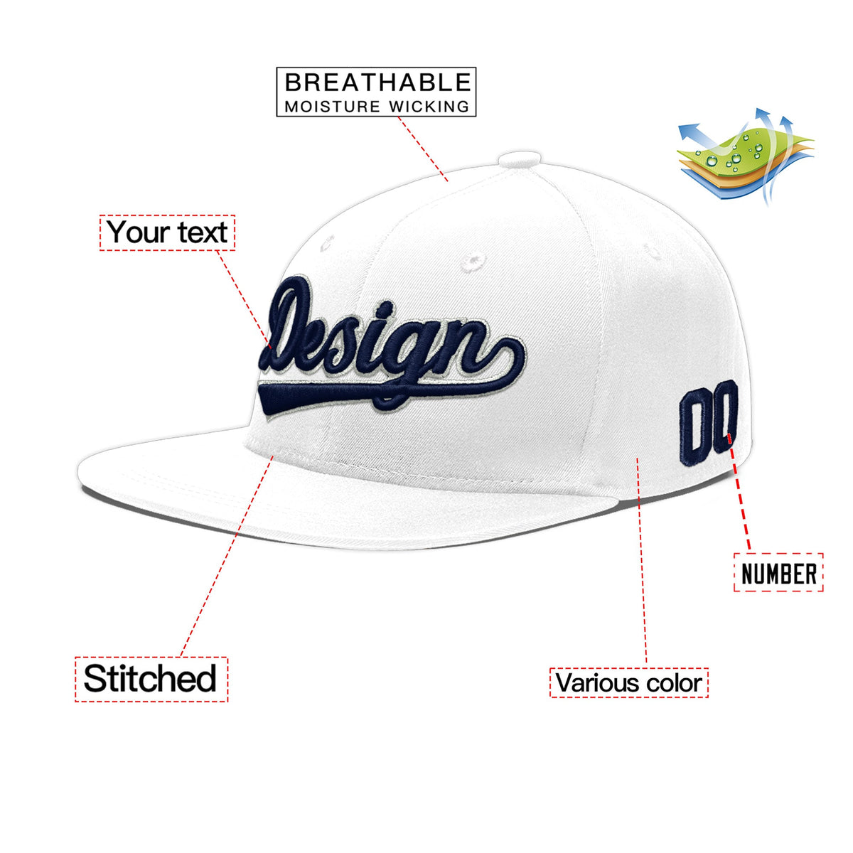 Custom White 3D Puff Embroidery Flat Embroidery Casual Sport Baseball Cap