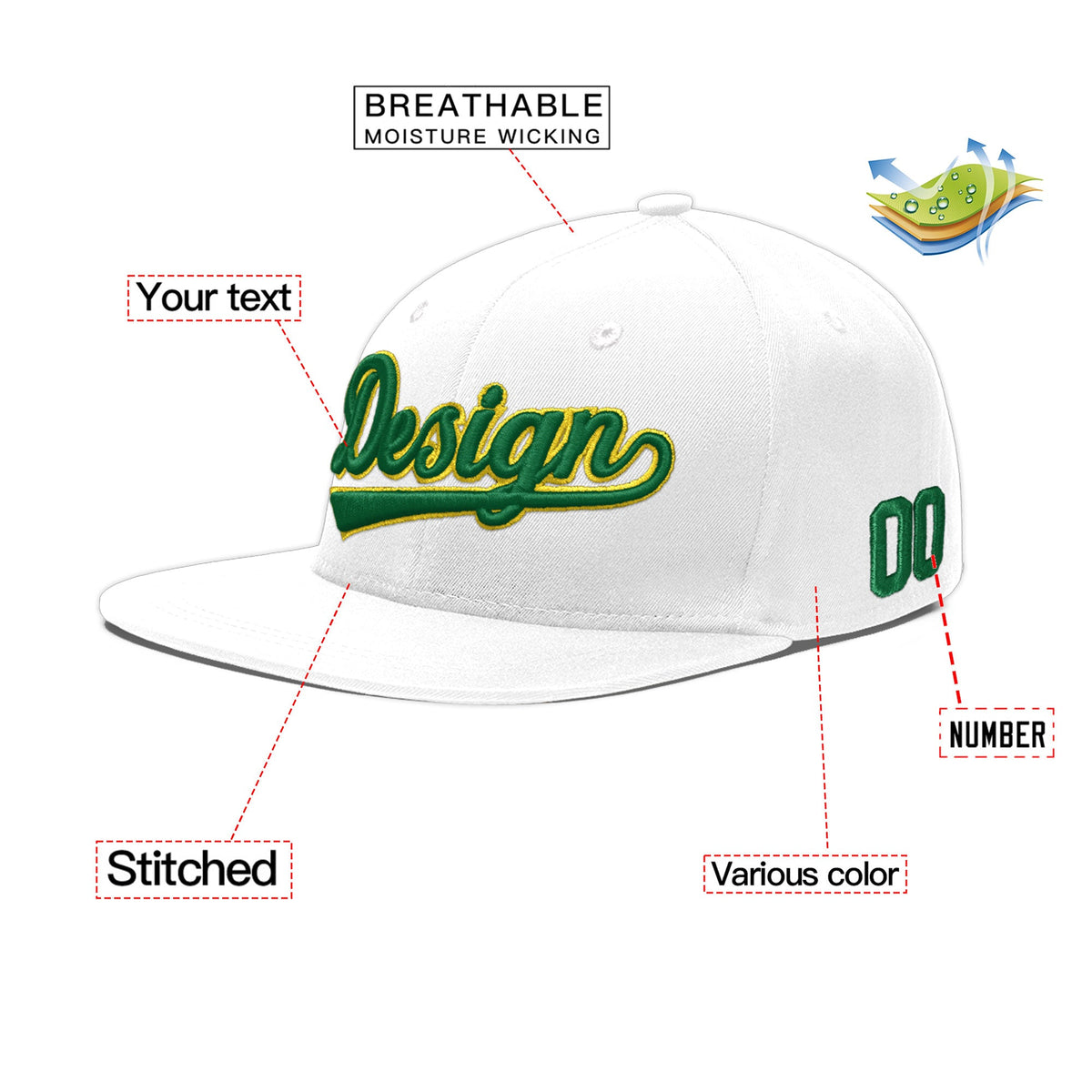 Custom White 3D Puff Embroidery Flat Embroidery Casual Sport Baseball Cap