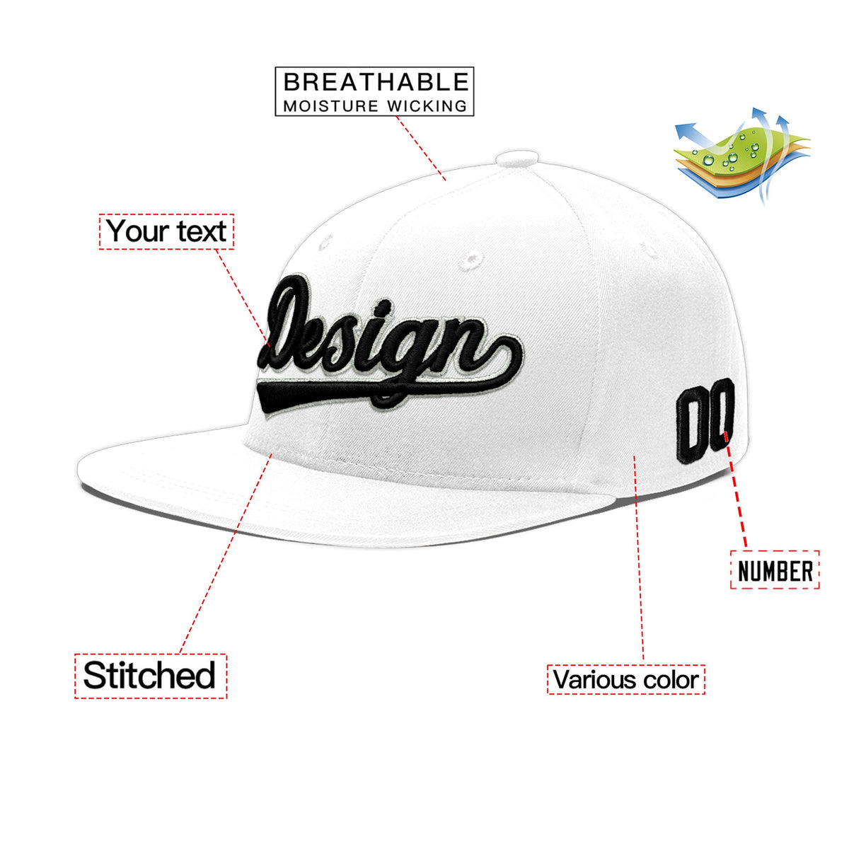 Custom White 3D Puff Embroidery Flat Embroidery Casual Sport Baseball Cap