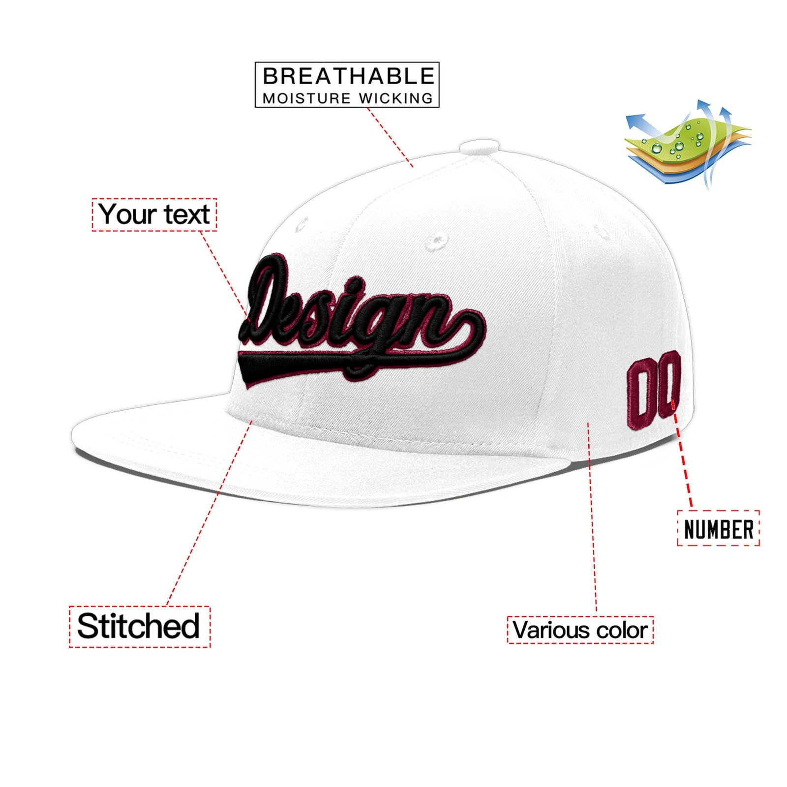 Custom White 3D Puff Embroidery Flat Embroidery Casual Sport Baseball Cap