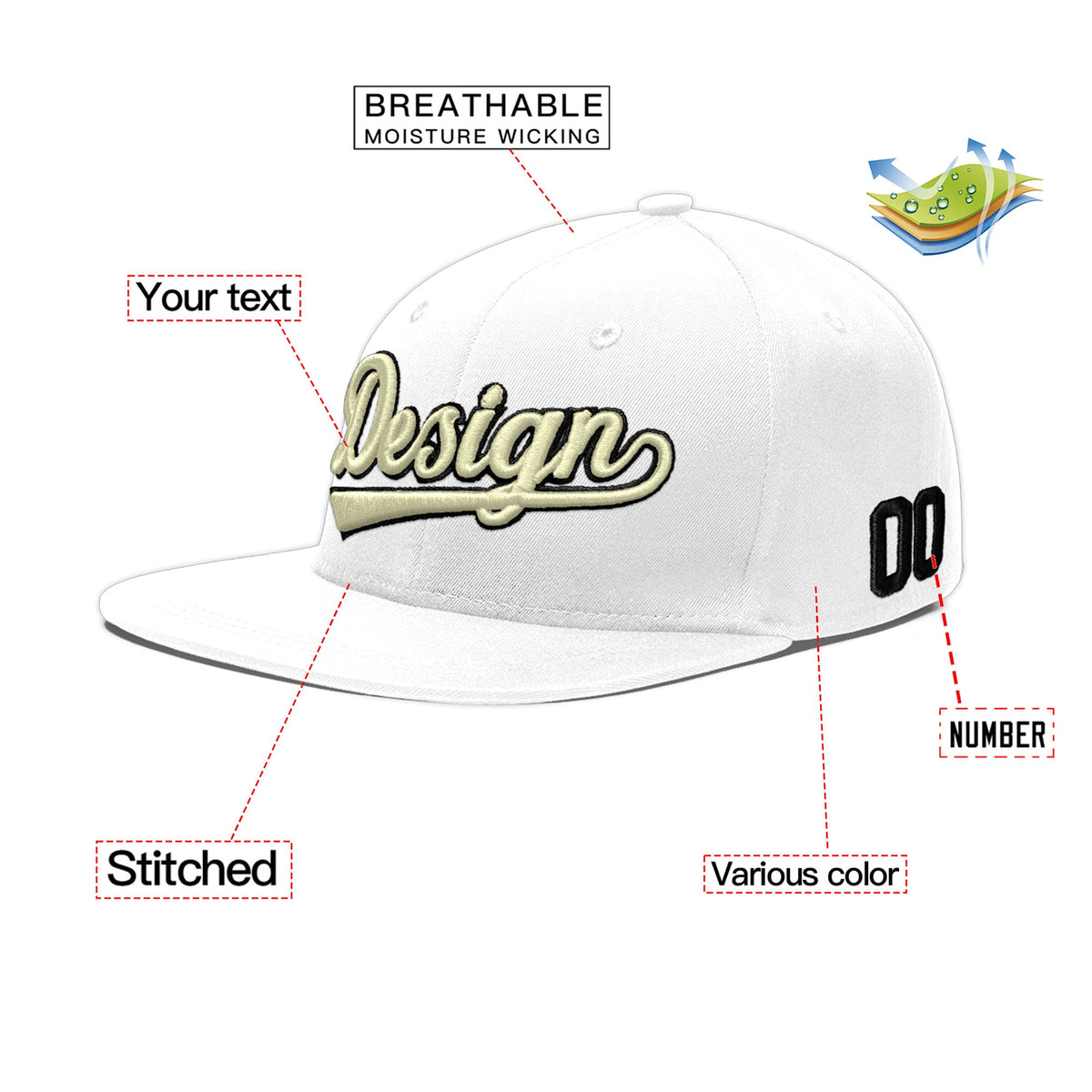 Custom White 3D Puff Embroidery Flat Embroidery Casual Sport Baseball Cap