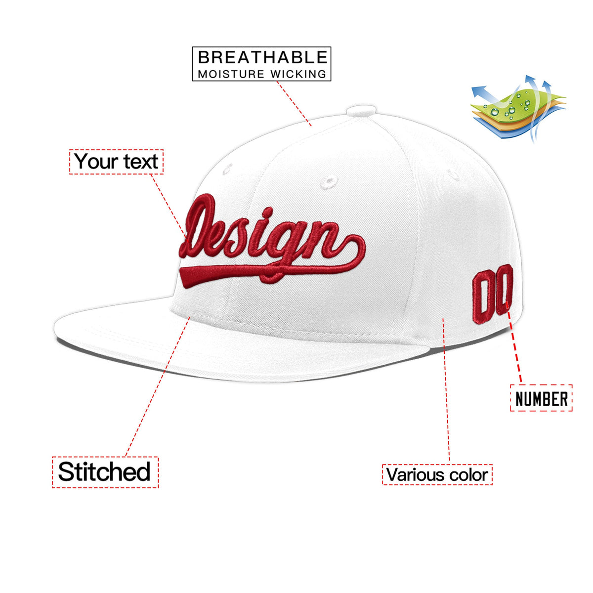 Custom White 3D Puff Embroidery Flat Embroidery Casual Sport Baseball Cap