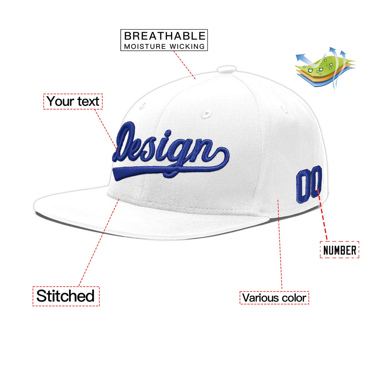 Custom White 3D Puff Embroidery Flat Embroidery Casual Sport Baseball Cap