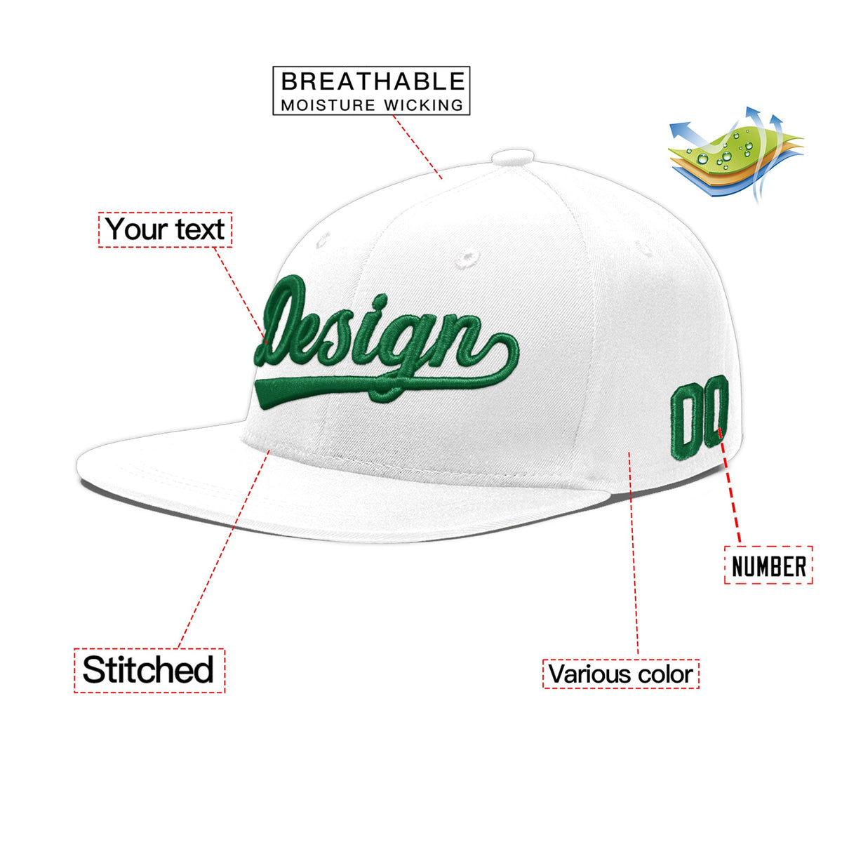 Custom White 3D Puff Embroidery Flat Embroidery Casual Sport Baseball Cap