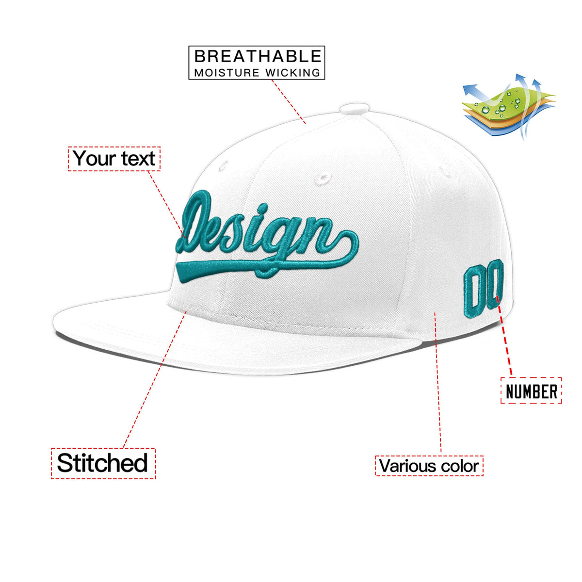 Custom White 3D Puff Embroidery Flat Embroidery Casual Sport Baseball Cap