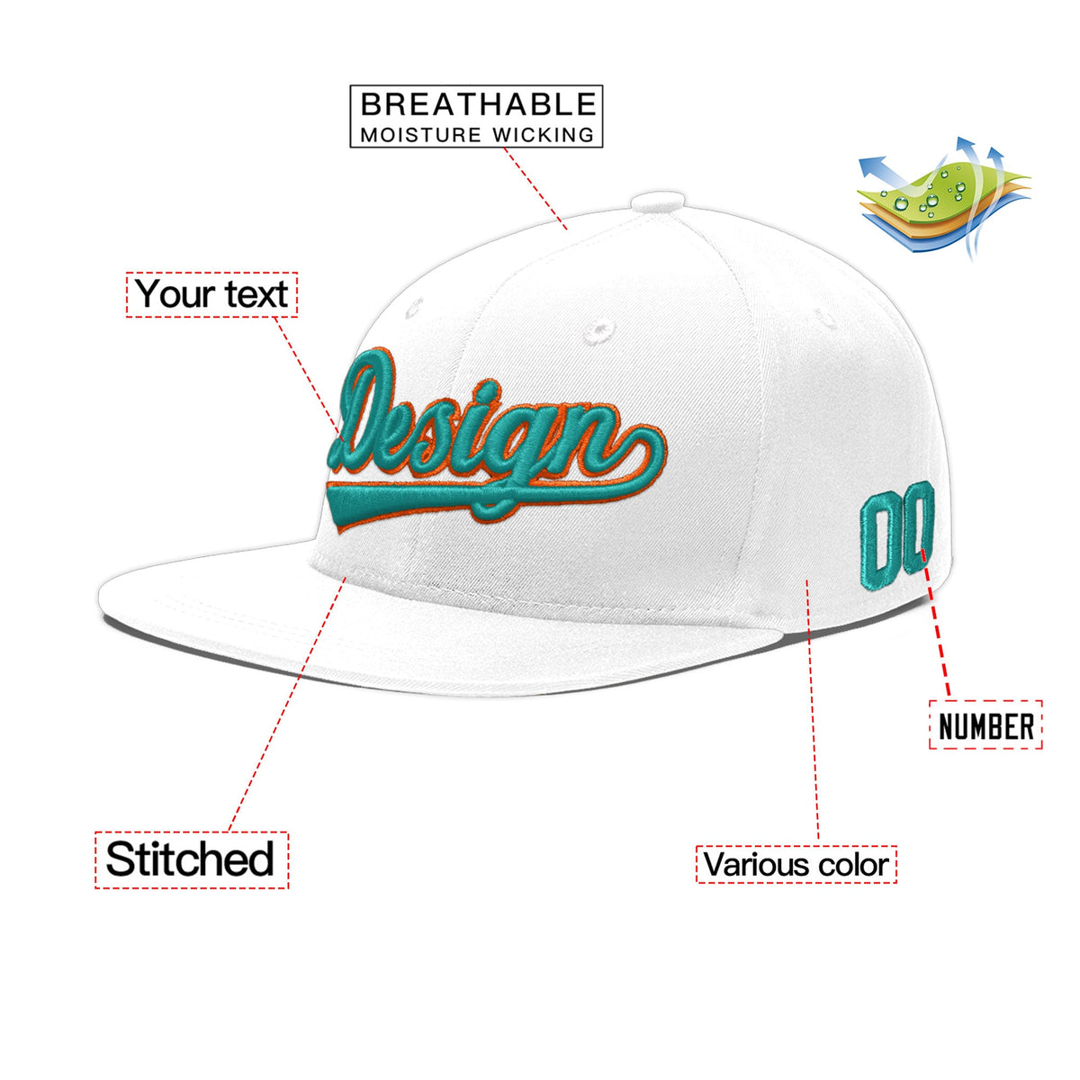 Custom White 3D Puff Embroidery Flat Embroidery Casual Sport Baseball Cap
