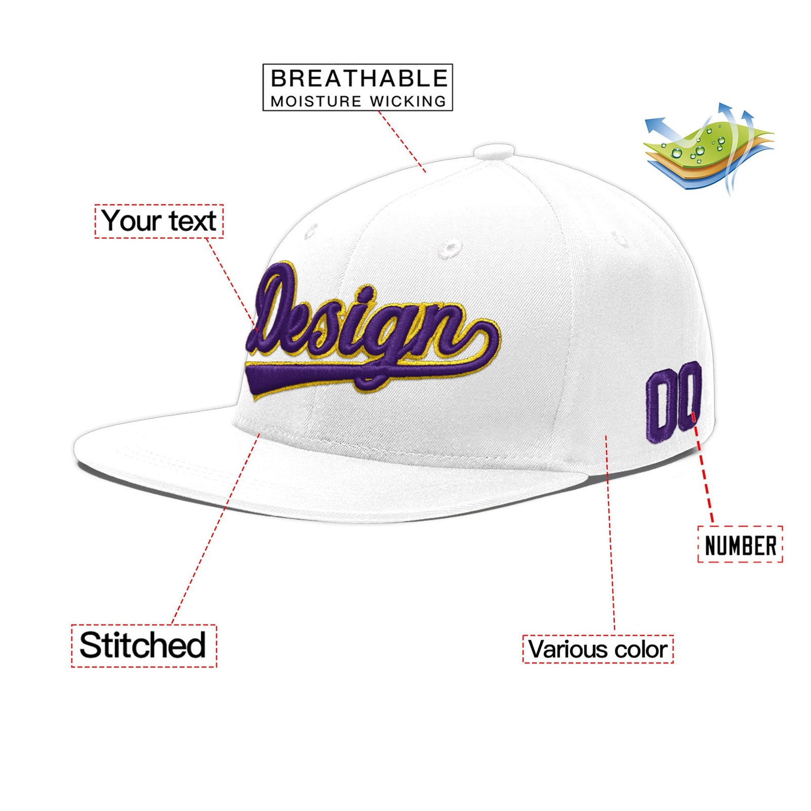 Custom White 3D Puff Embroidery Flat Embroidery Casual Sport Baseball Cap