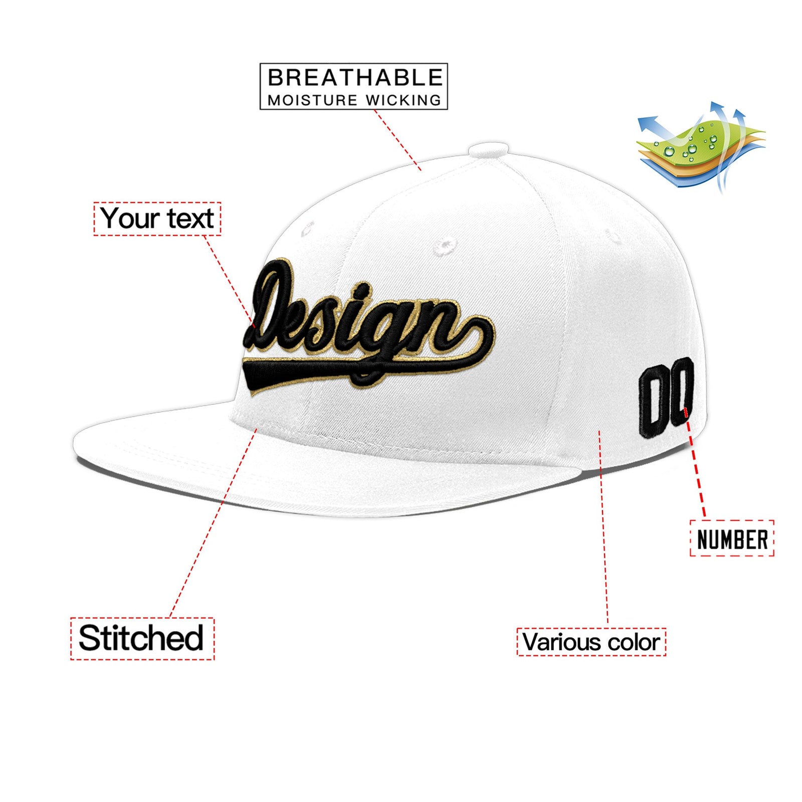Custom White 3D Puff Embroidery Flat Embroidery Casual Sport Baseball Cap