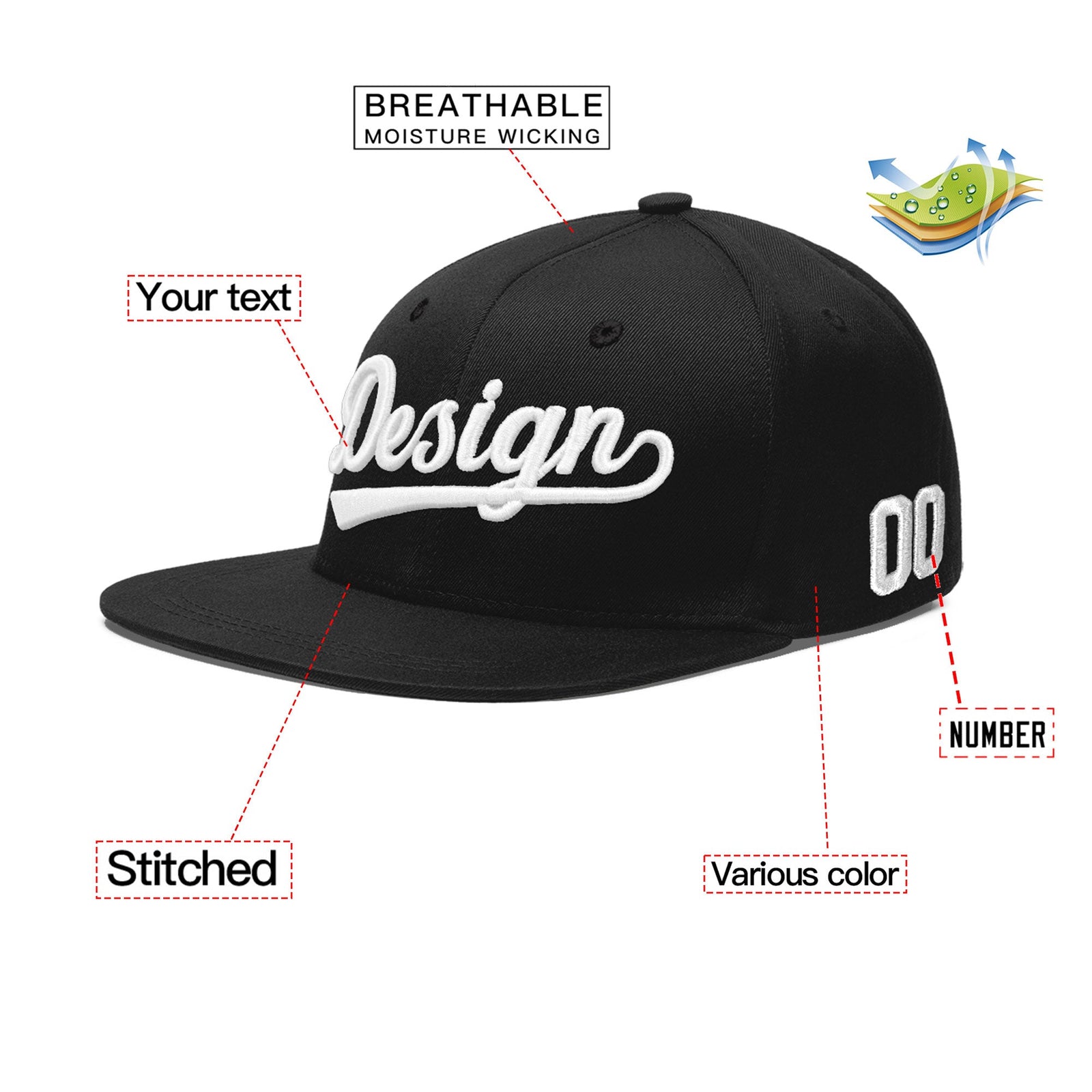 Custom Black 3D Puff Embroidery Flat Embroidery Casual Sport Baseball Cap