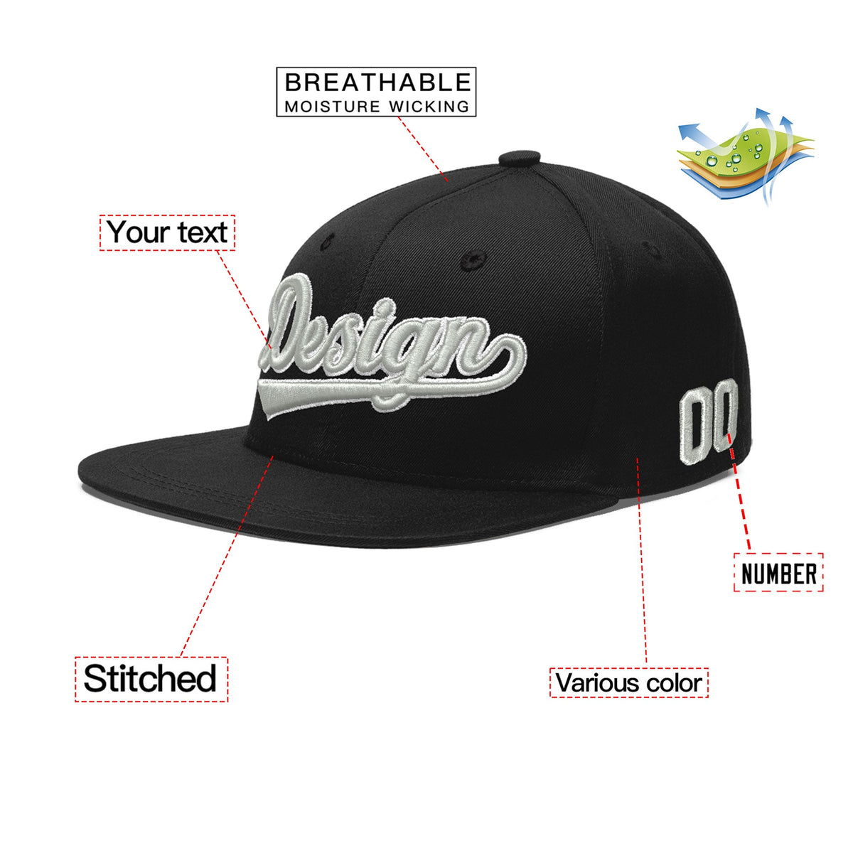 Custom Black 3D Puff Embroidery Flat Embroidery Casual Sport Baseball Cap