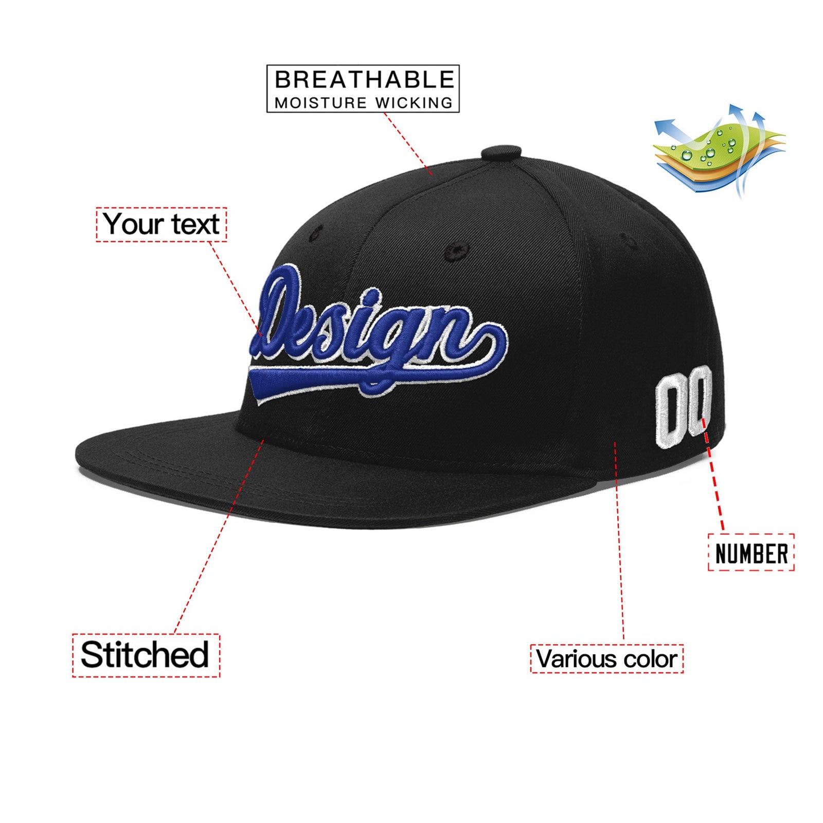 Custom Black 3D Puff Embroidery Flat Embroidery Casual Sport Baseball Cap