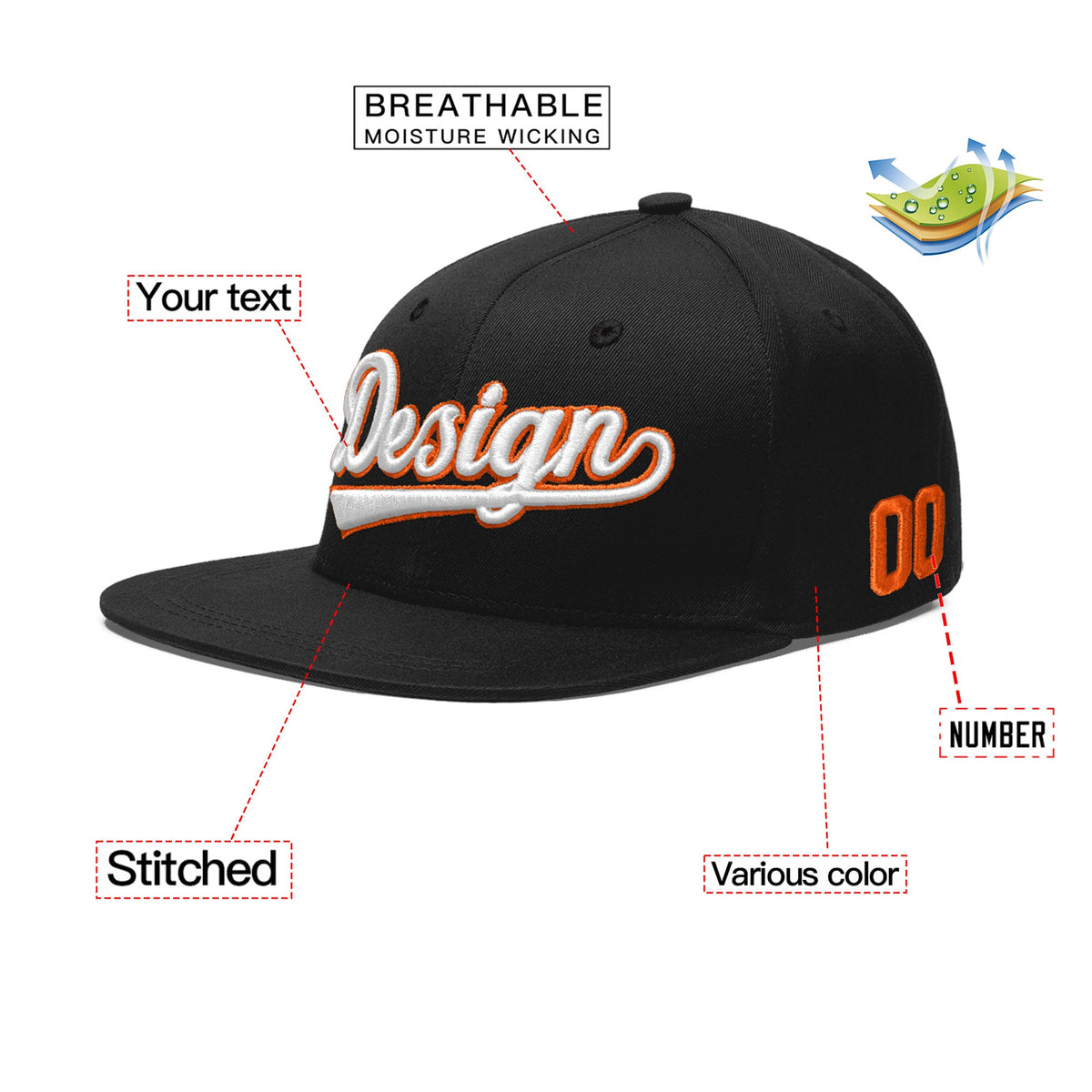 Custom Black 3D Puff Embroidery Flat Embroidery Casual Sport Baseball Cap