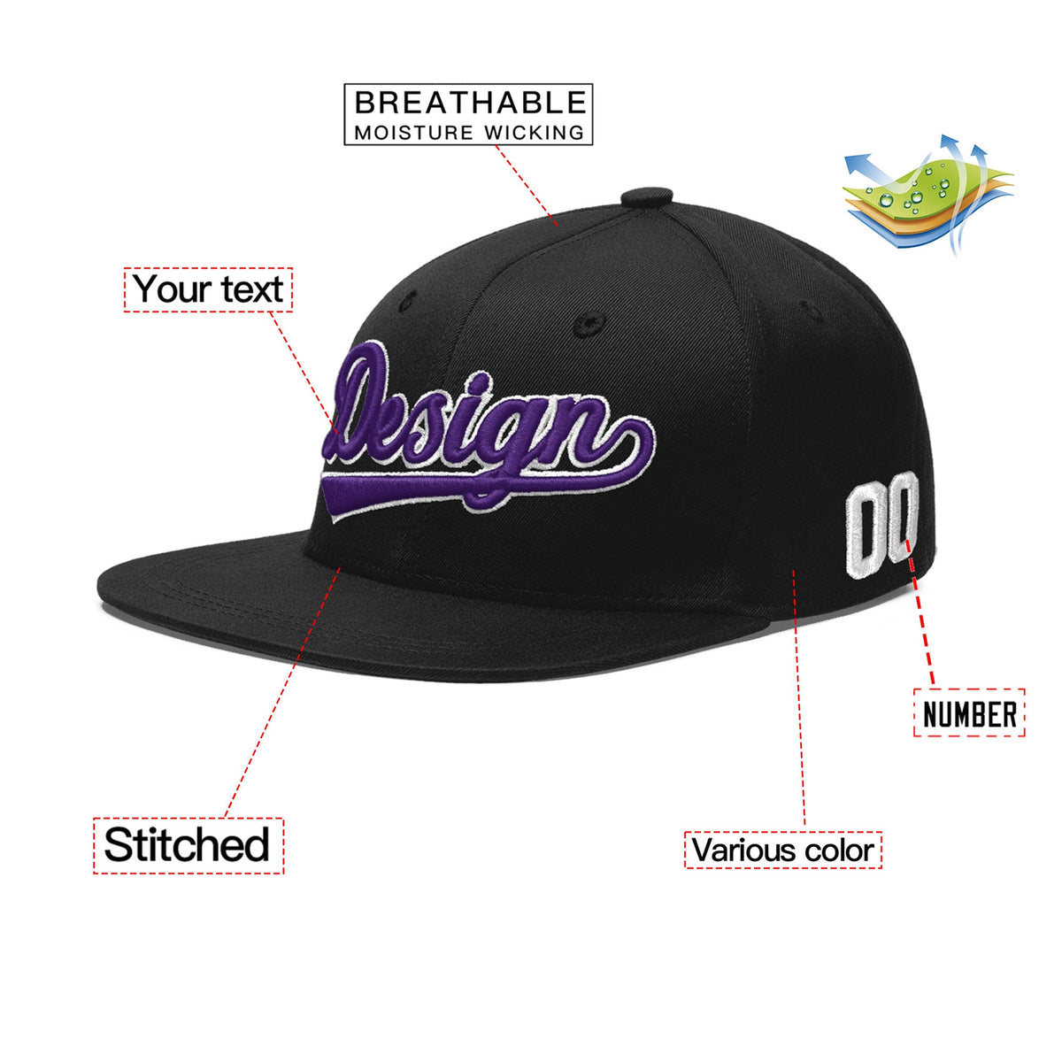 Custom Black 3D Puff Embroidery Flat Embroidery Casual Sport Baseball Cap