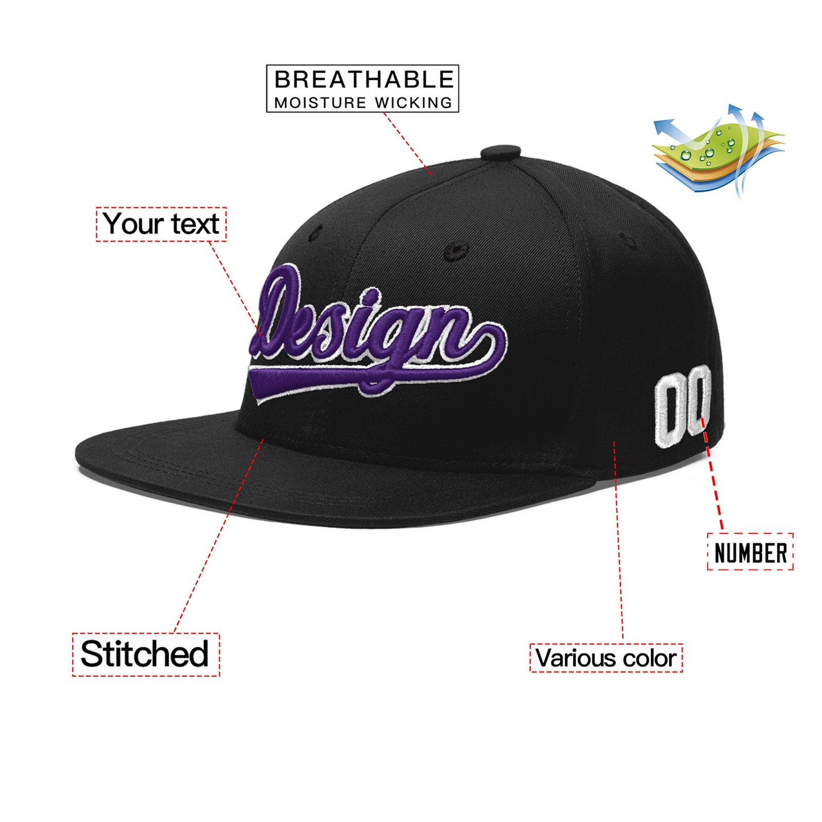 Custom Black 3D Puff Embroidery Flat Embroidery Casual Sport Baseball Cap
