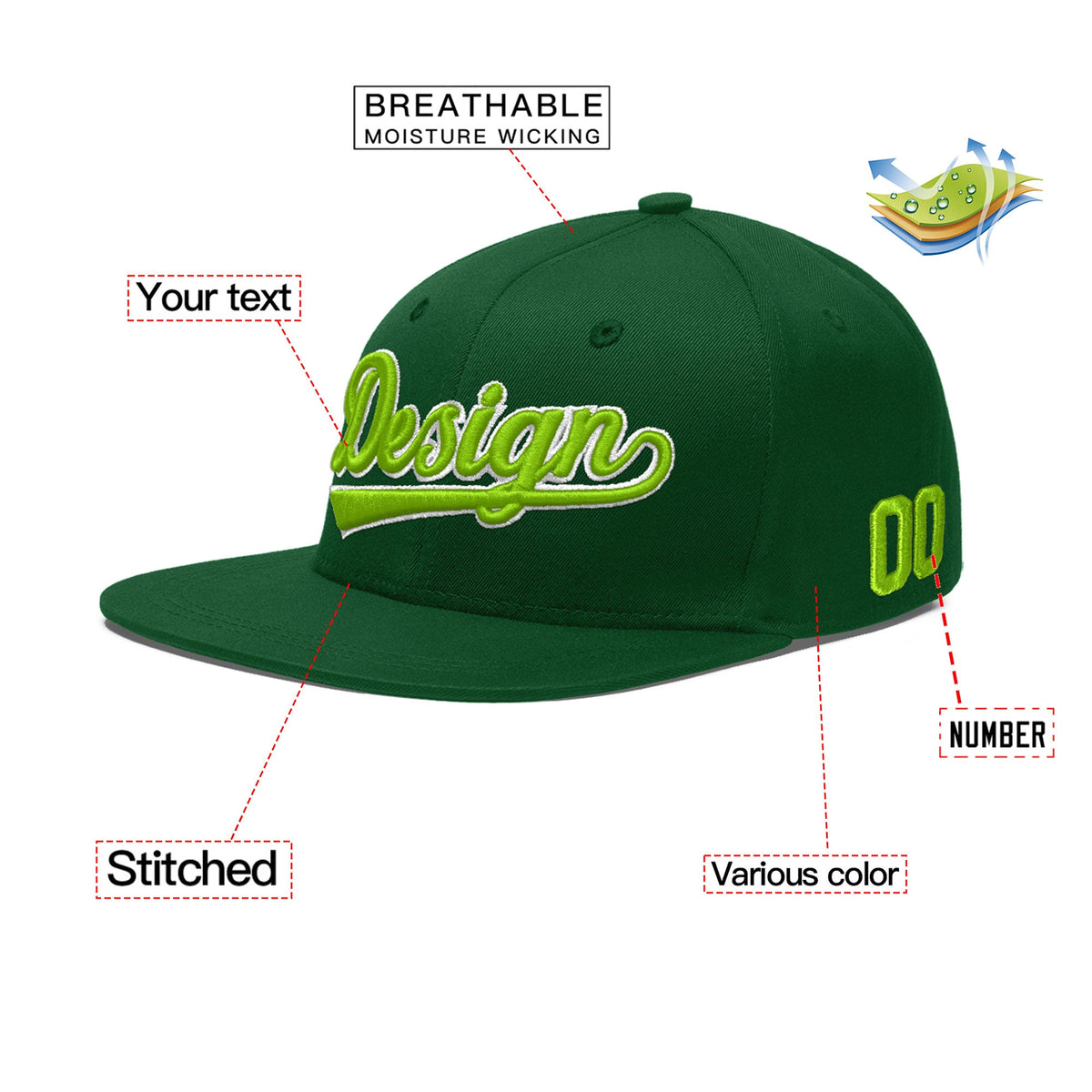Custom Green 3D Puff Embroidery Flat Embroidery Casual Sport Baseball Cap