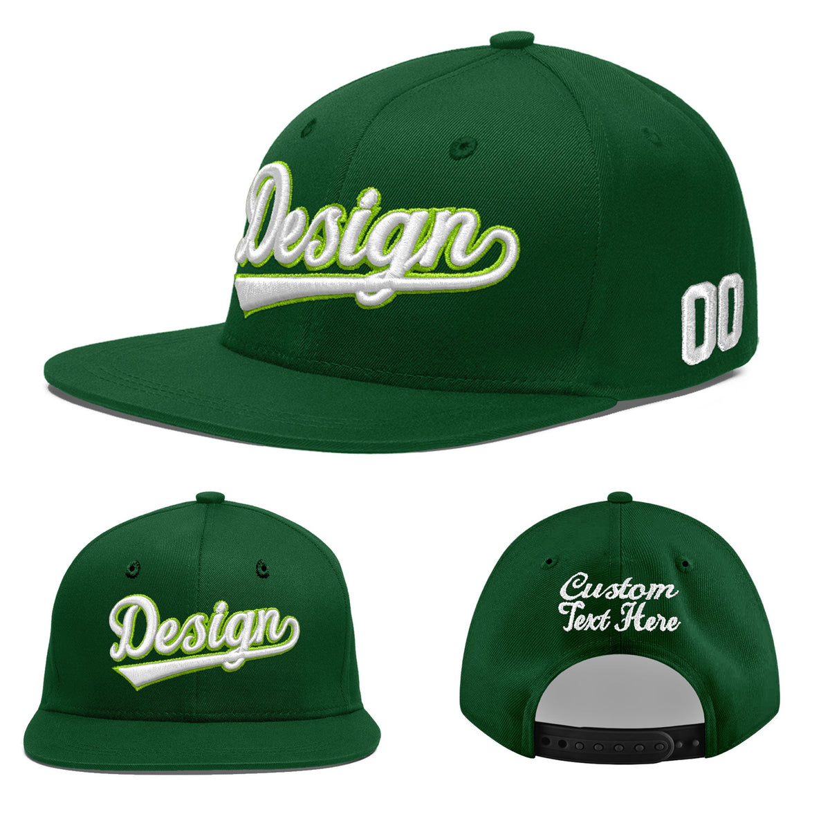 Custom Green 3D Puff Embroidery Flat Embroidery Casual Sport Baseball Cap