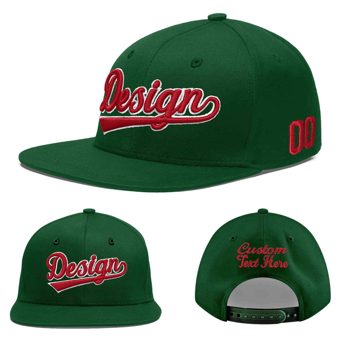Custom Green 3D Puff Embroidery Flat Embroidery Casual Sport Baseball Cap