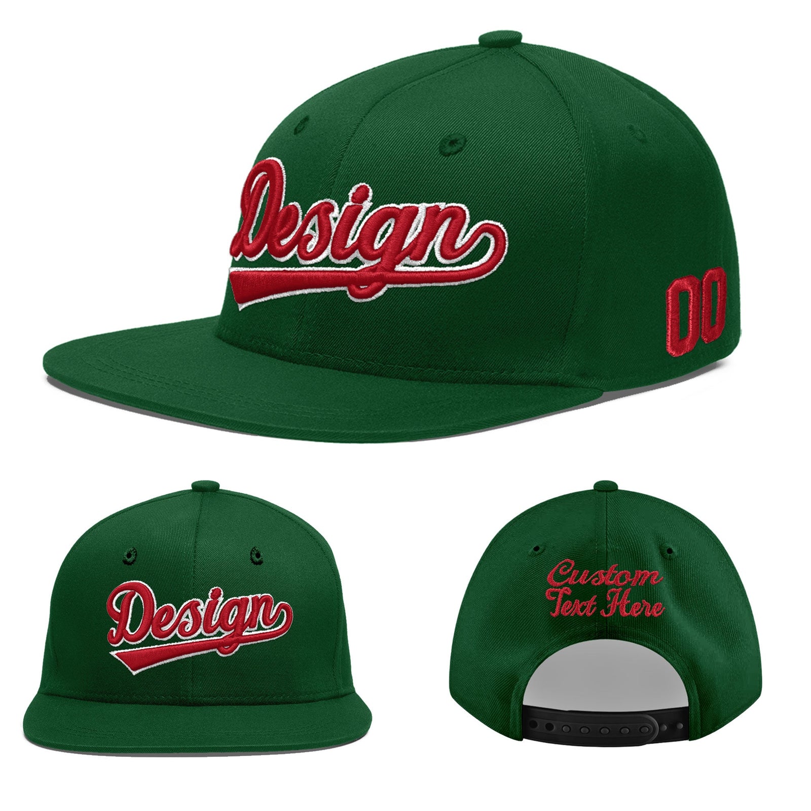 Custom Green 3D Puff Embroidery Flat Embroidery Casual Sport Baseball Cap