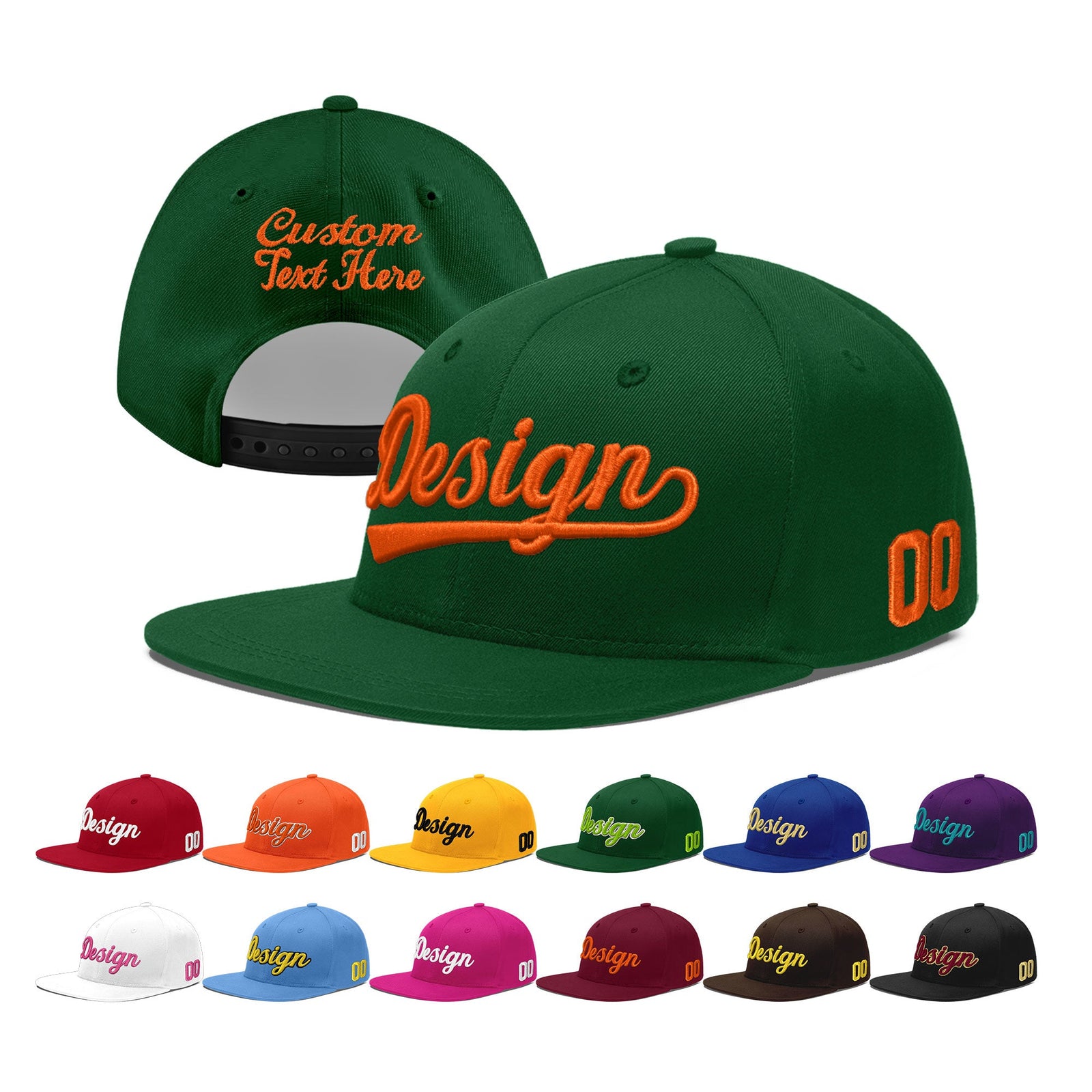 Custom Green 3D Puff Embroidery Flat Embroidery Casual Sport Baseball Cap