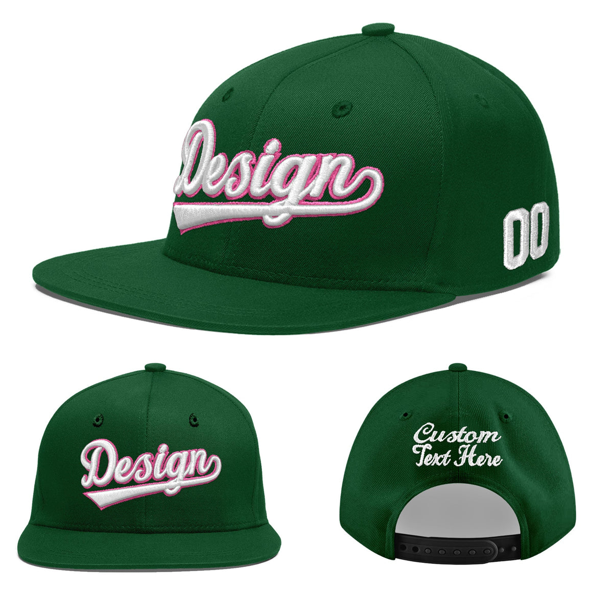 Custom Green 3D Puff Embroidery Flat Embroidery Casual Sport Baseball Cap