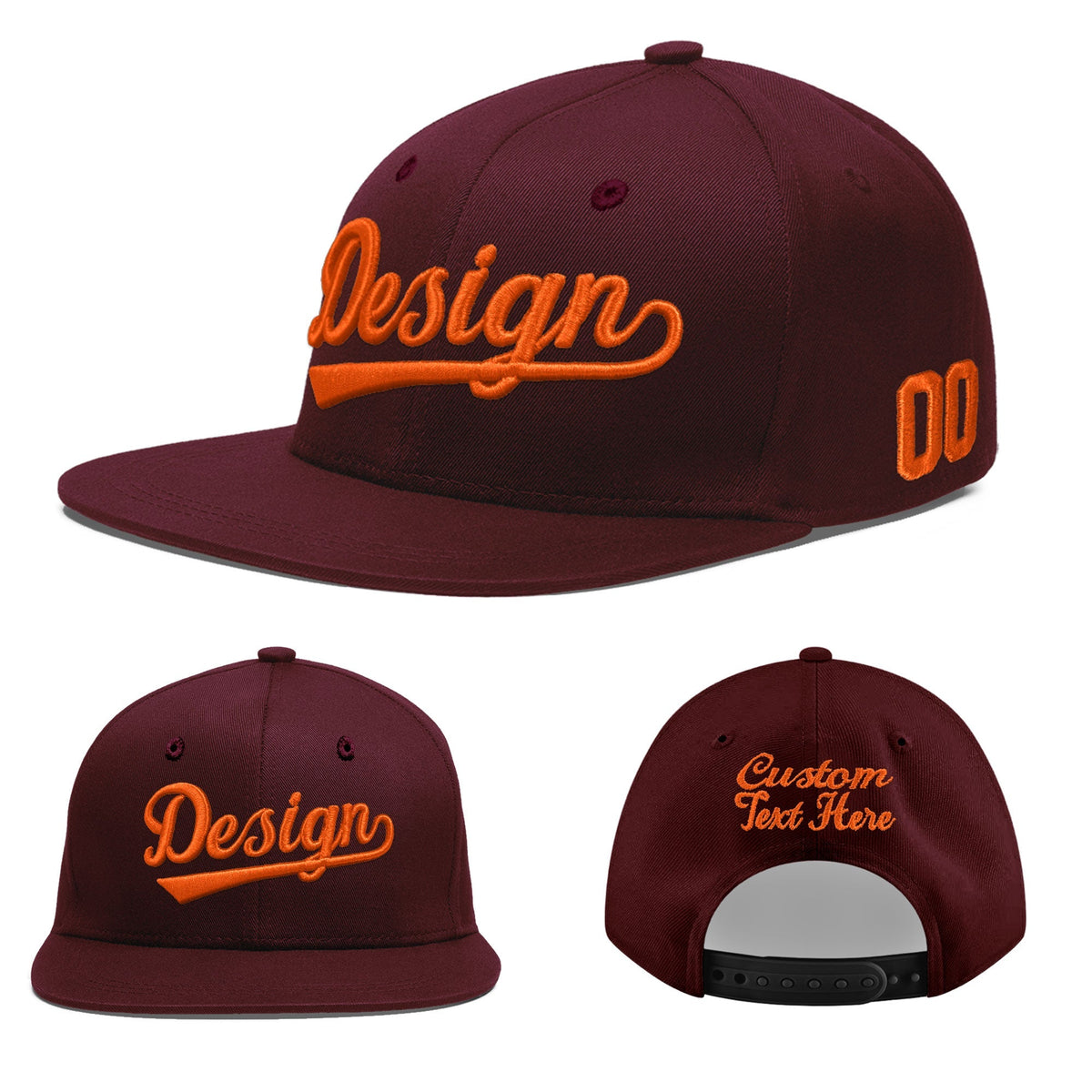 Custom Burgundy 3D Puff Embroidery Flat Embroidery Casual Sport Baseball Cap