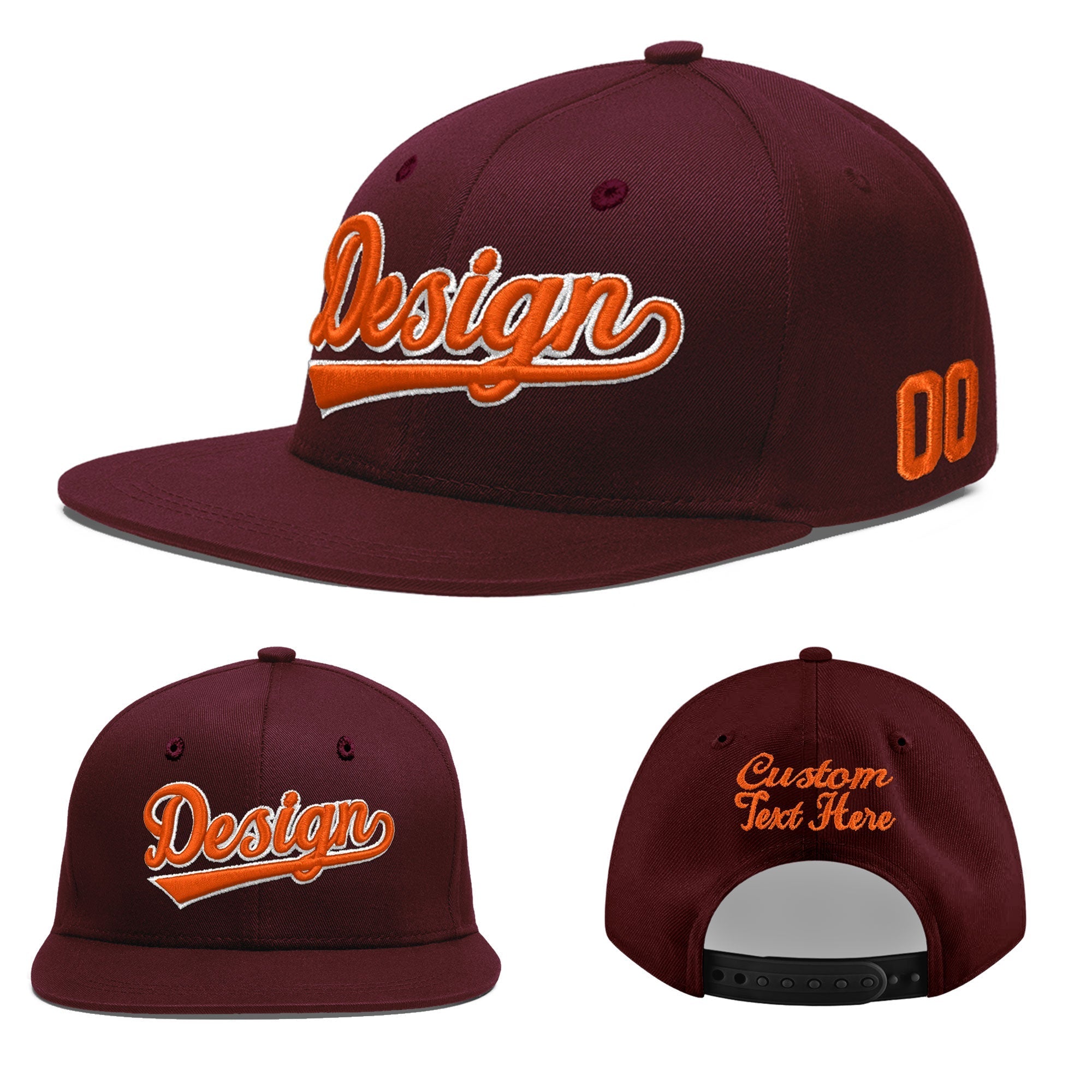 Custom Burgundy 3D Puff Embroidery Flat Embroidery Casual Sport Baseball Cap