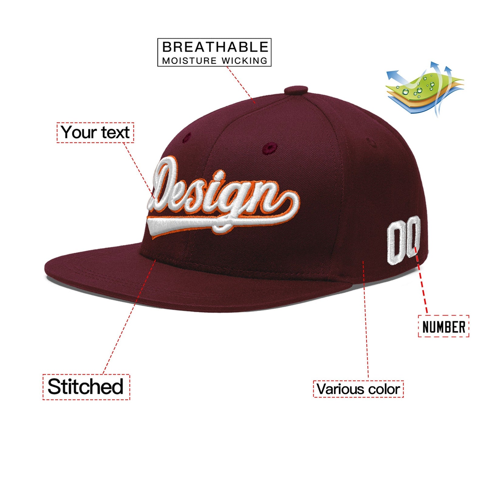 Custom Burgundy 3D Puff Embroidery Flat Embroidery Casual Sport Baseball Cap