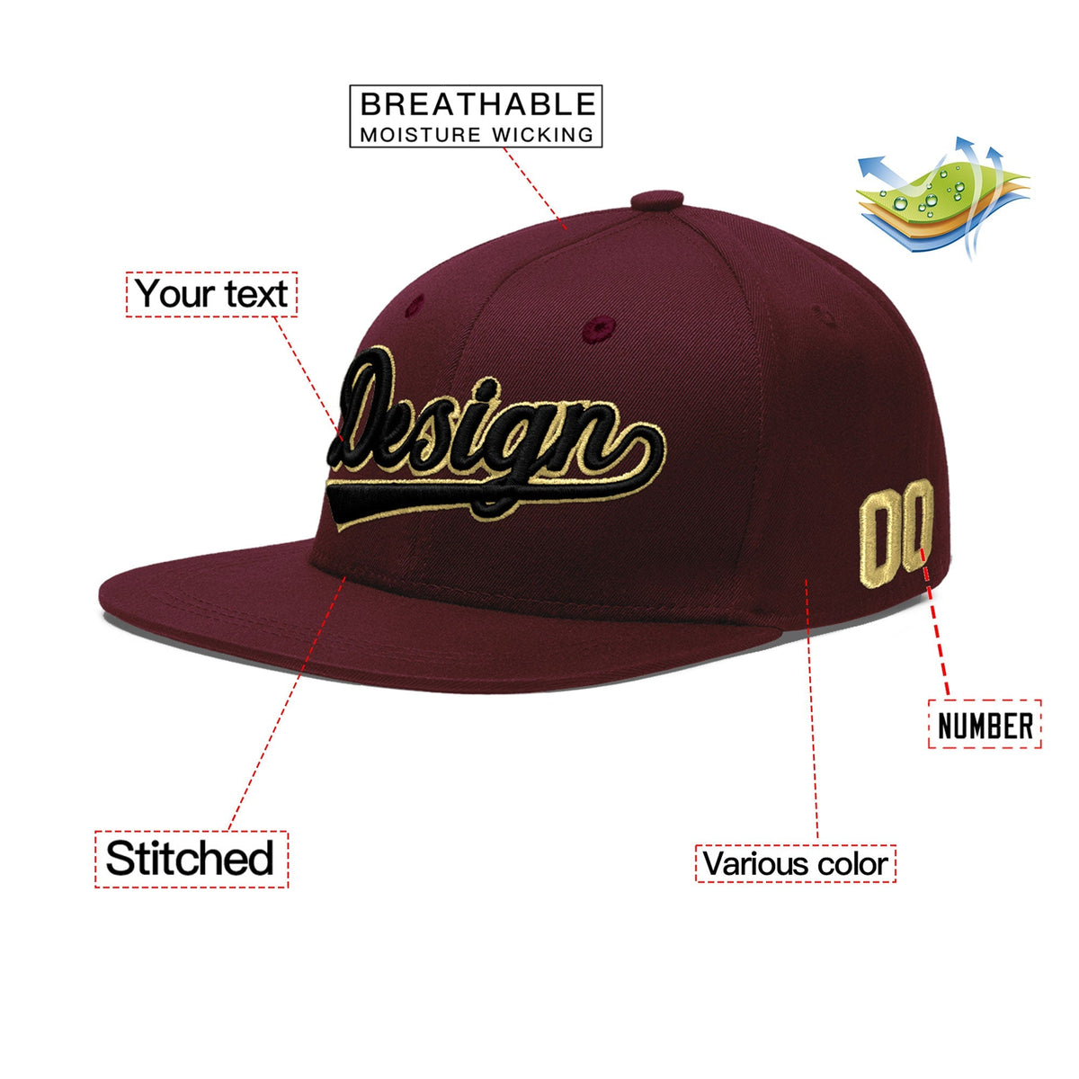 Custom Burgundy 3D Puff Embroidery Flat Embroidery Casual Sport Baseball Cap
