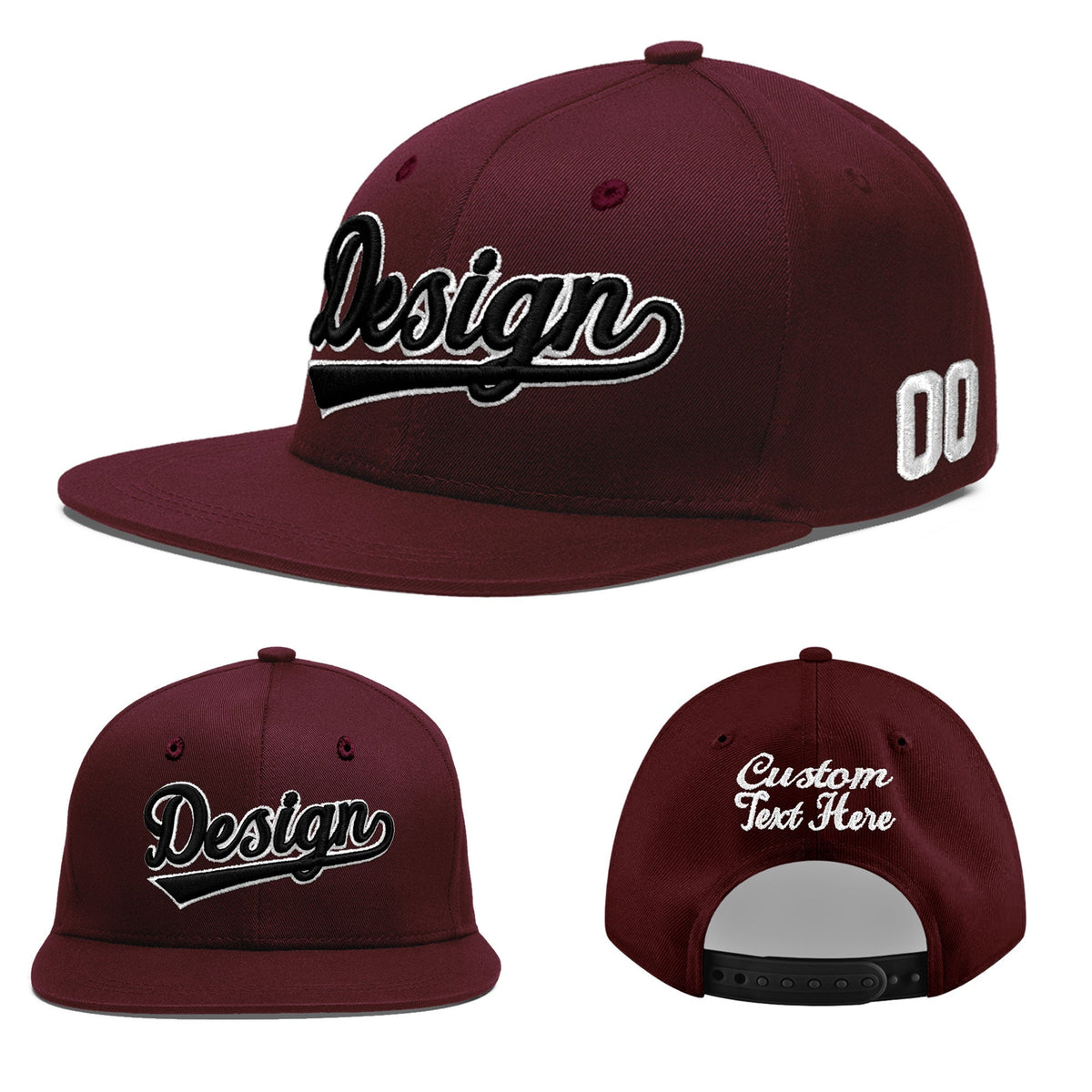 Custom Burgundy 3D Puff Embroidery Flat Embroidery Casual Sport Baseball Cap