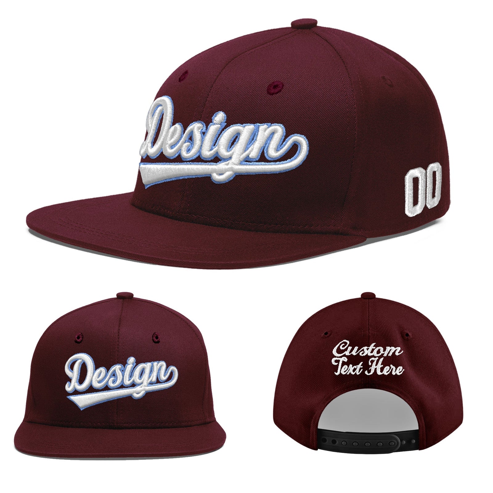 Custom Burgundy 3D Puff Embroidery Flat Embroidery Casual Sport Baseball Cap