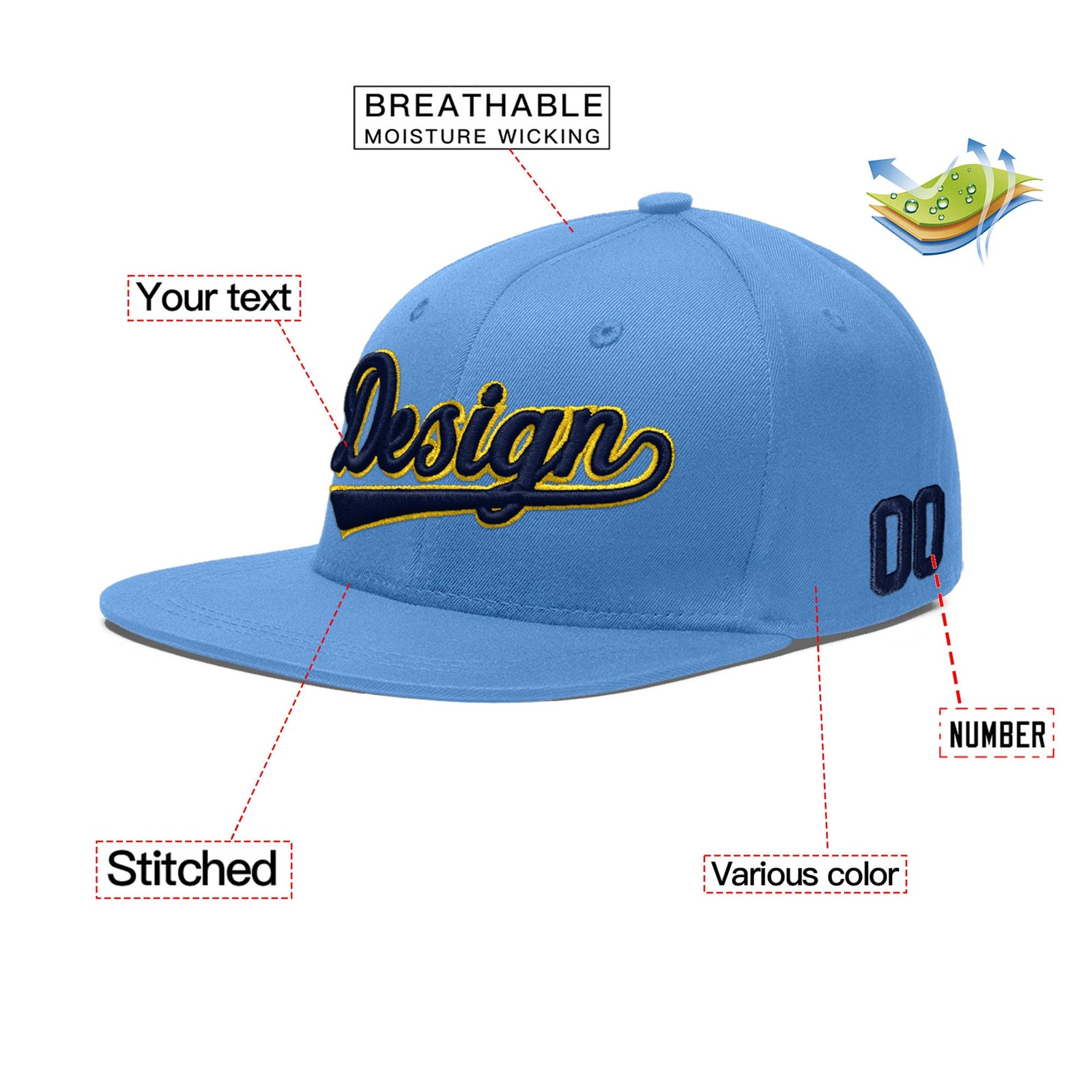 Custom Powder Blue 3D Puff Embroidery Flat Embroidery Casual Sport Baseball Cap