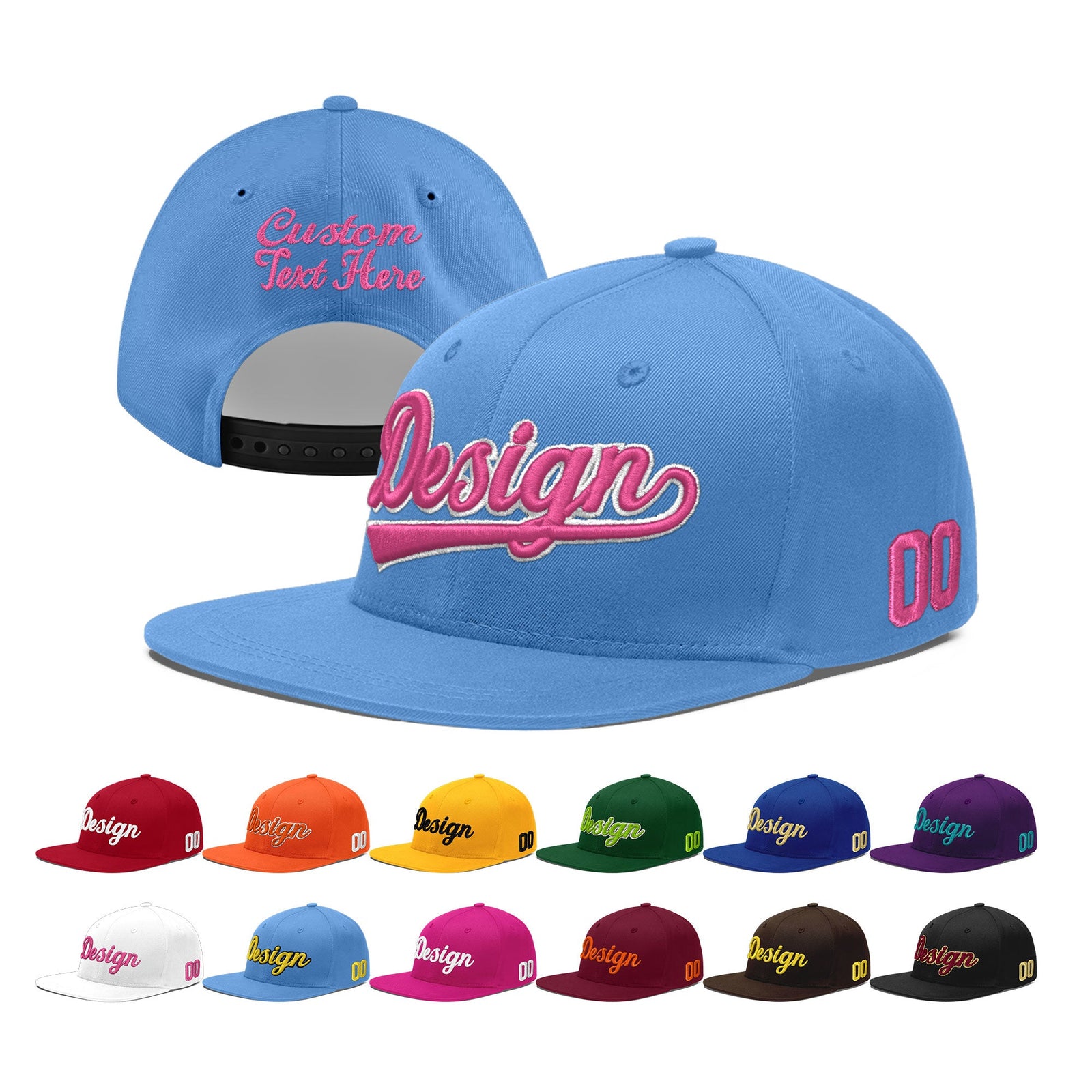 Custom Powder Blue 3D Puff Embroidery Flat Embroidery Casual Sport Baseball Cap