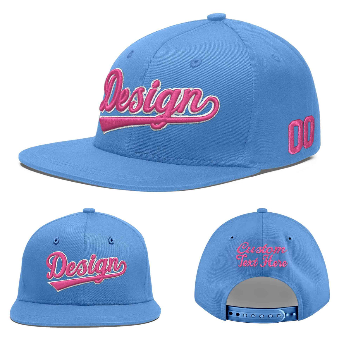 Custom Powder Blue 3D Puff Embroidery Flat Embroidery Casual Sport Baseball Cap