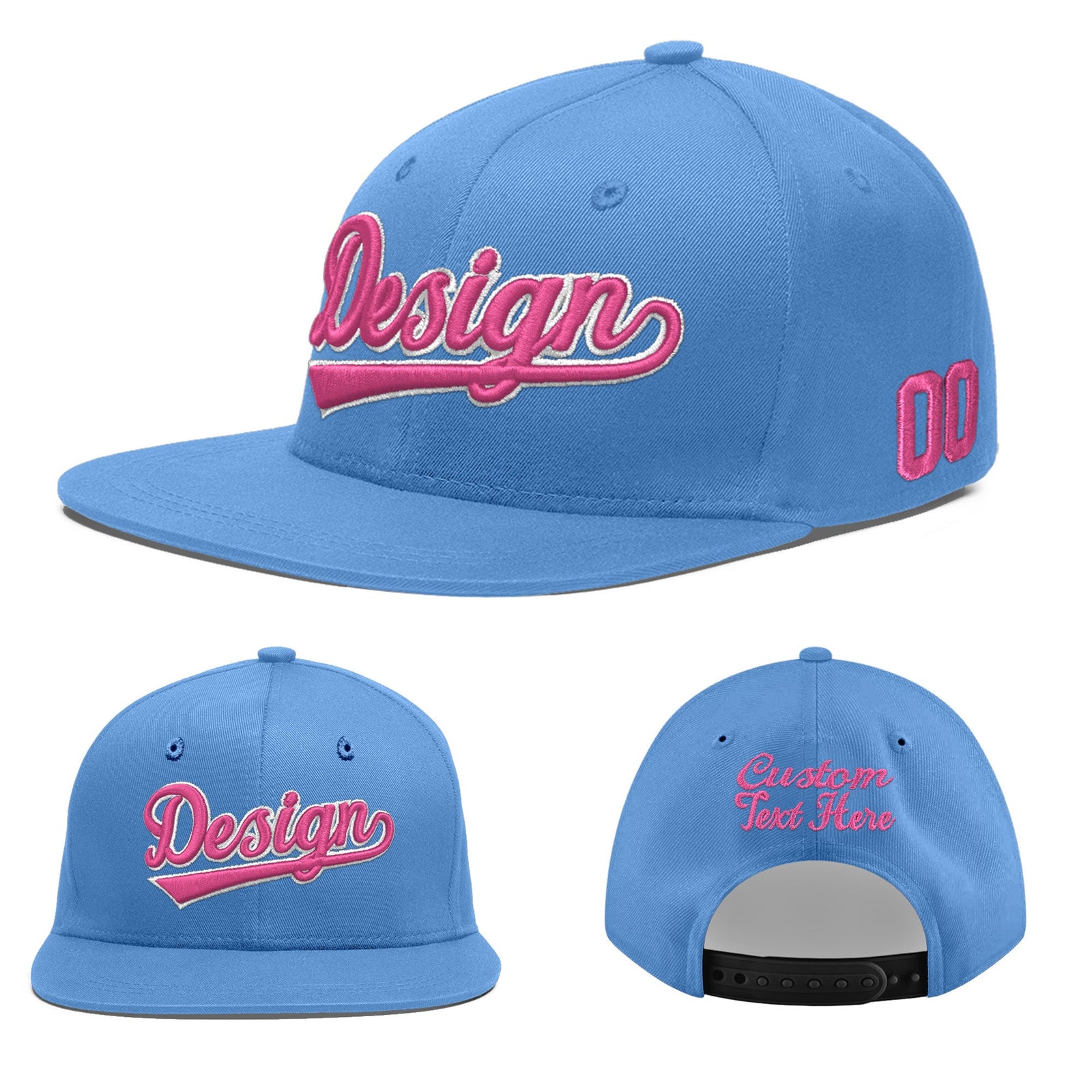 Custom Powder Blue 3D Puff Embroidery Flat Embroidery Casual Sport Baseball Cap