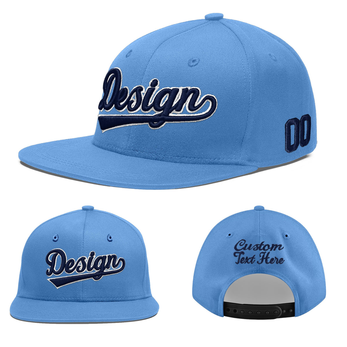 Custom Powder Blue 3D Puff Embroidery Flat Embroidery Casual Sport Baseball Cap