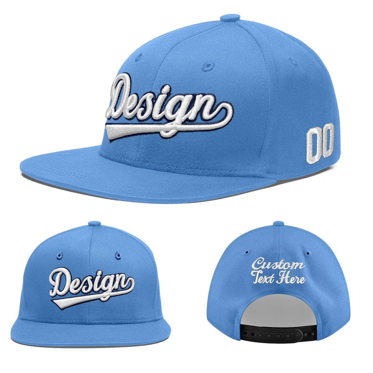 Custom Powder Blue 3D Puff Embroidery Flat Embroidery Casual Sport Baseball Cap