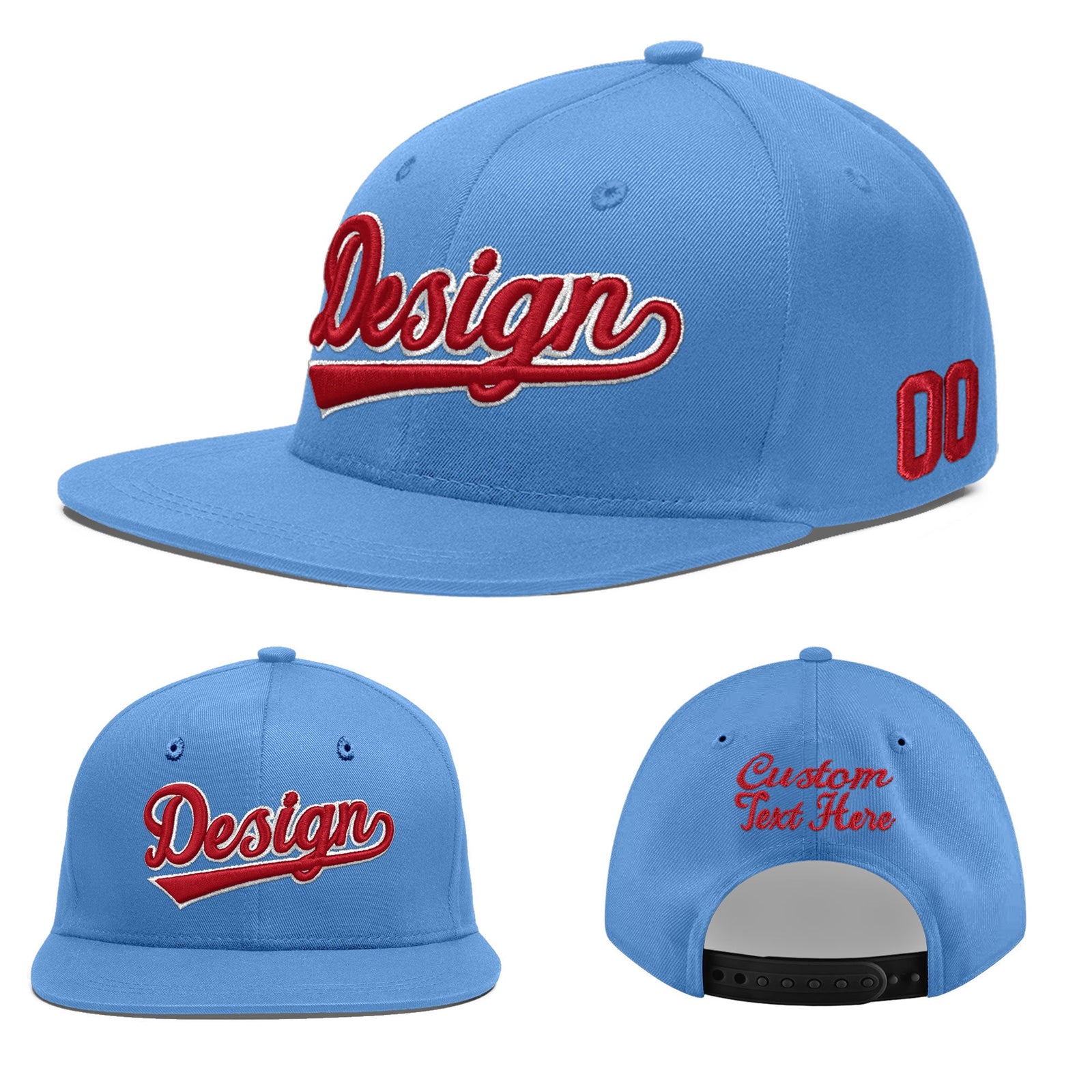 Custom Powder Blue 3D Puff Embroidery Flat Embroidery Casual Sport Baseball Cap