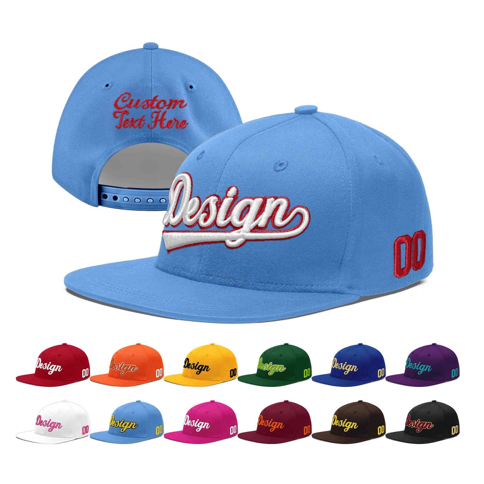 Custom Powder Blue 3D Puff Embroidery Flat Embroidery Casual Sport Baseball Cap