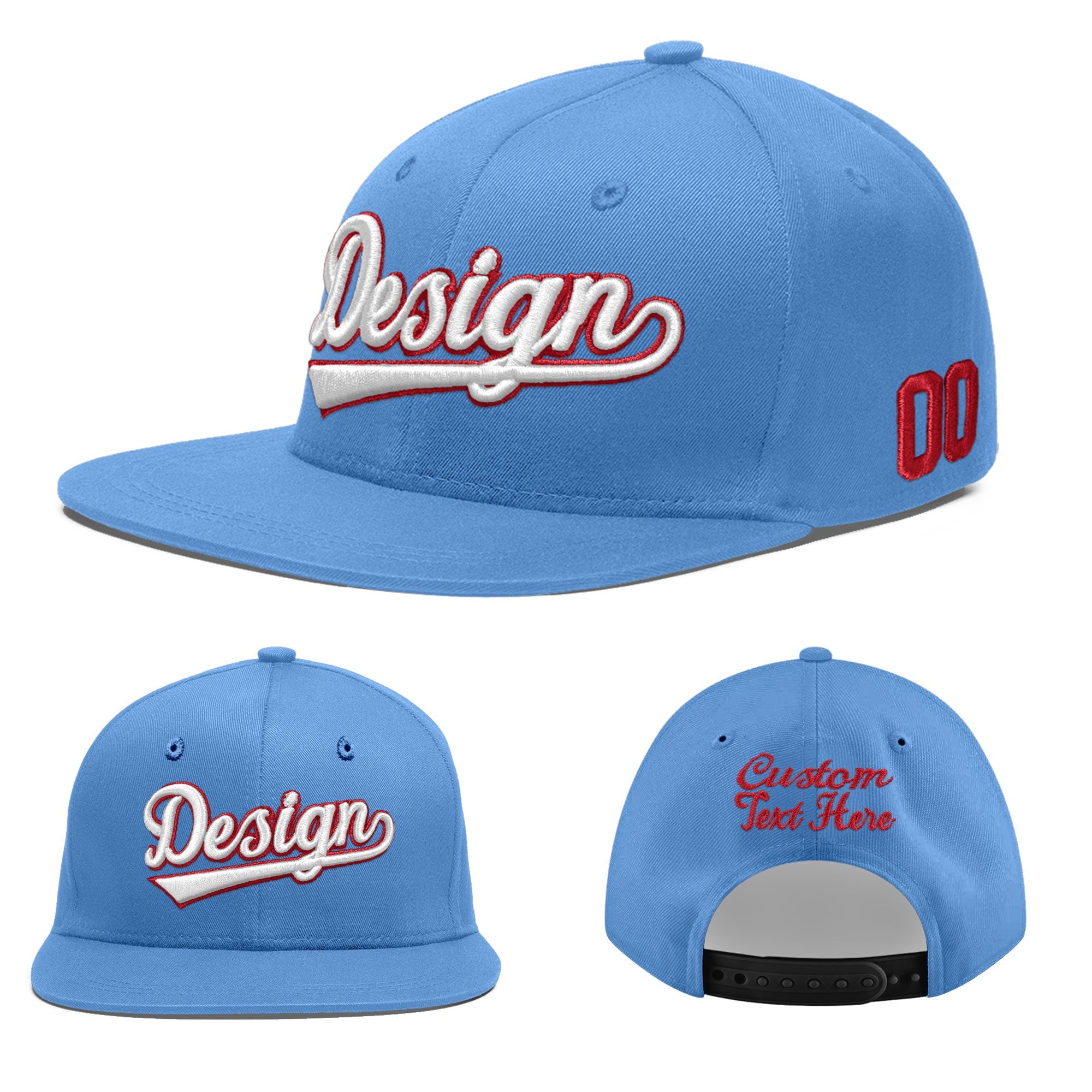 Custom Powder Blue 3D Puff Embroidery Flat Embroidery Casual Sport Baseball Cap