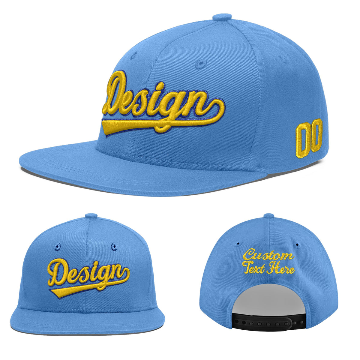 Custom Powder Blue 3D Puff Embroidery Flat Embroidery Casual Sport Baseball Cap