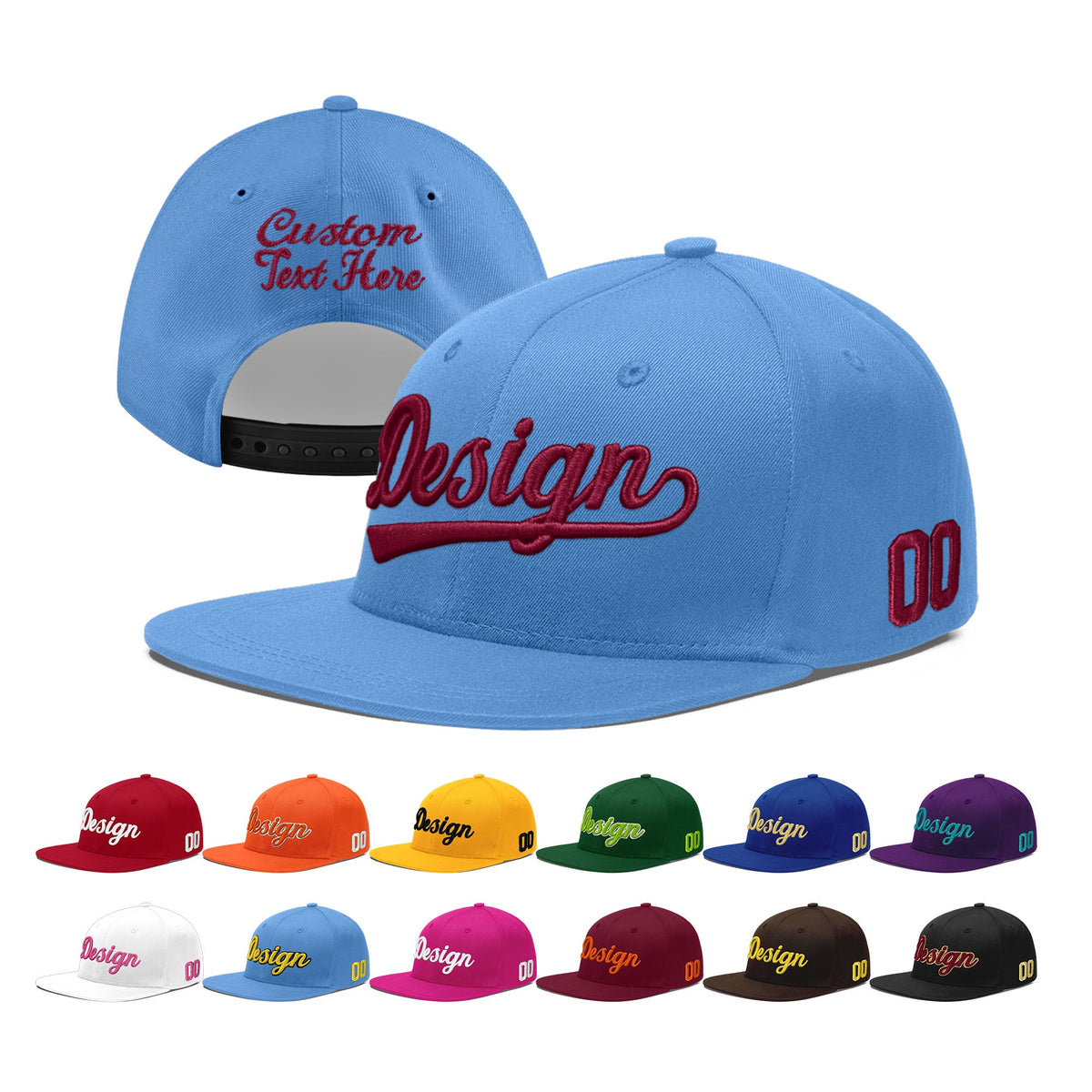 Custom Powder Blue 3D Puff Embroidery Flat Embroidery Casual Sport Baseball Cap