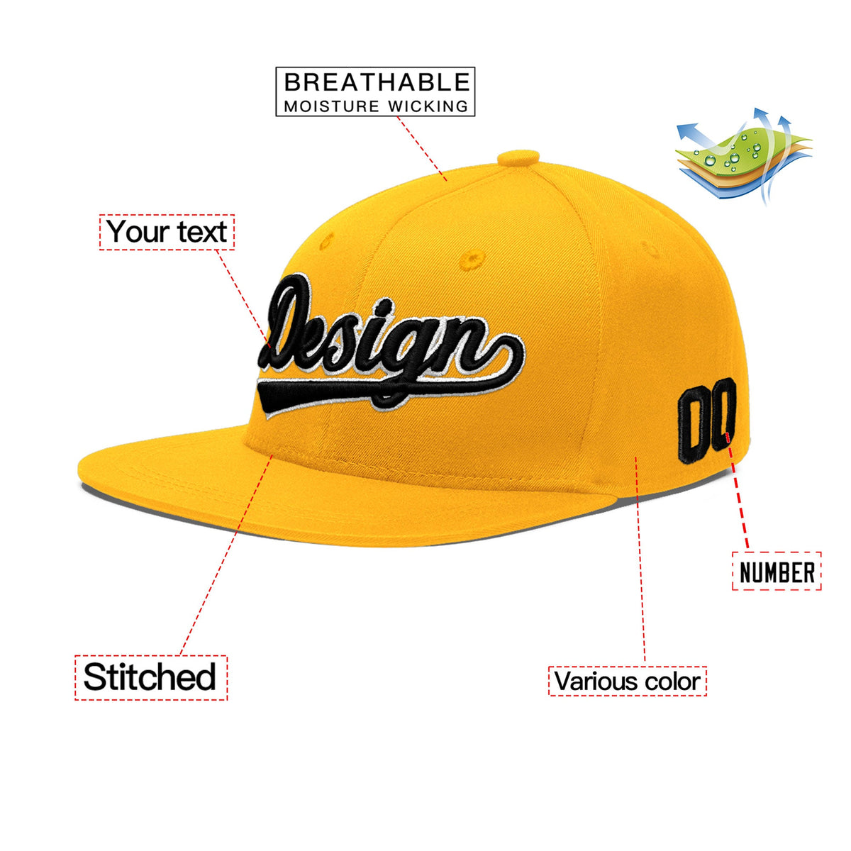 Custom Yellow 3D Puff Embroidery Flat Embroidery Casual Sport Baseball Cap