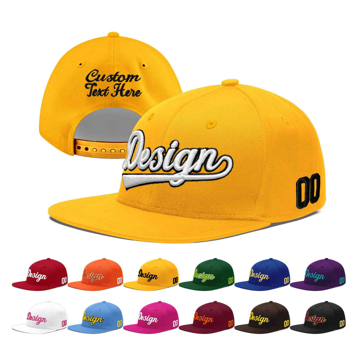 Custom Yellow 3D Puff Embroidery Flat Embroidery Casual Sport Baseball Cap